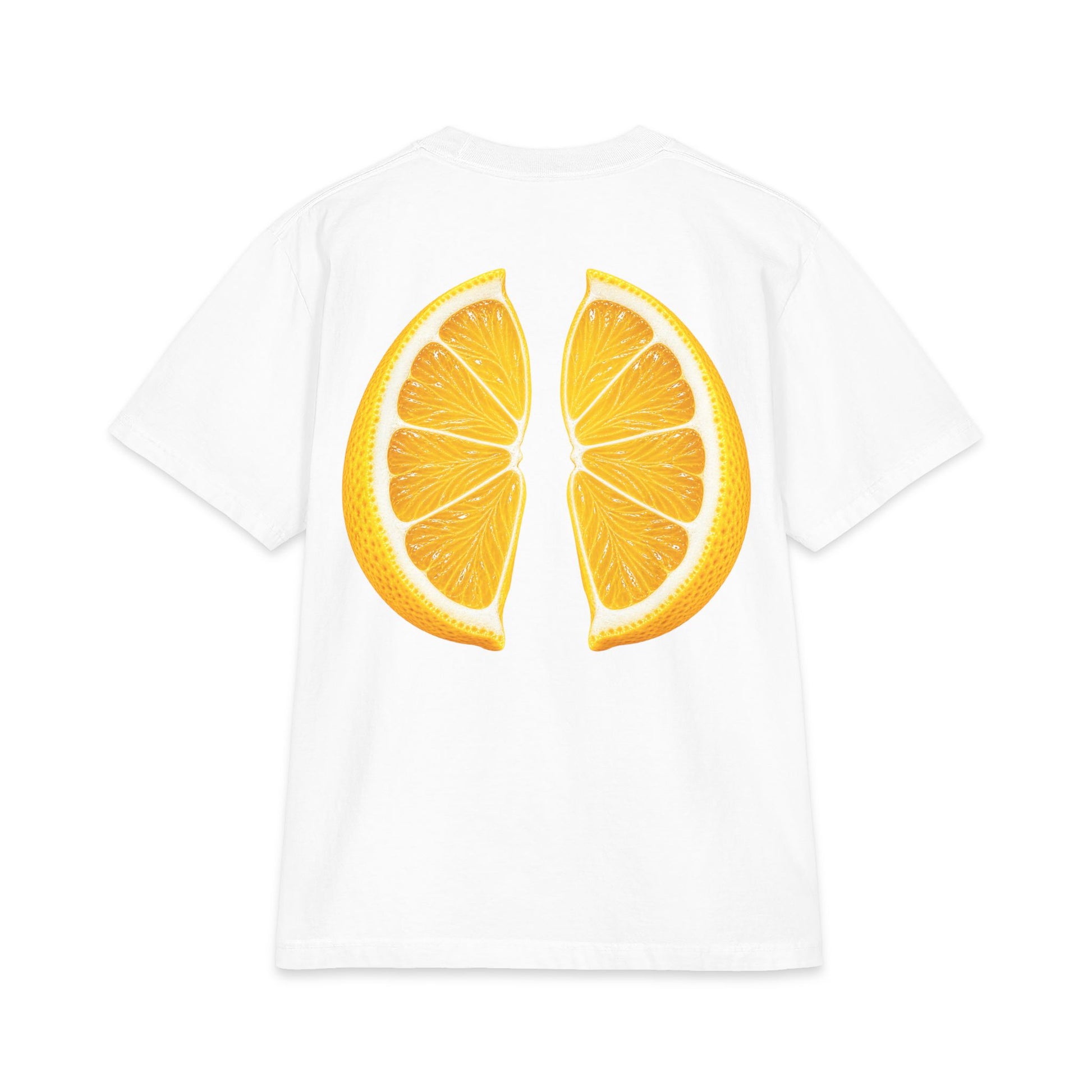 White heavyweight graphic t-shirt with oversized lemon wedge back print