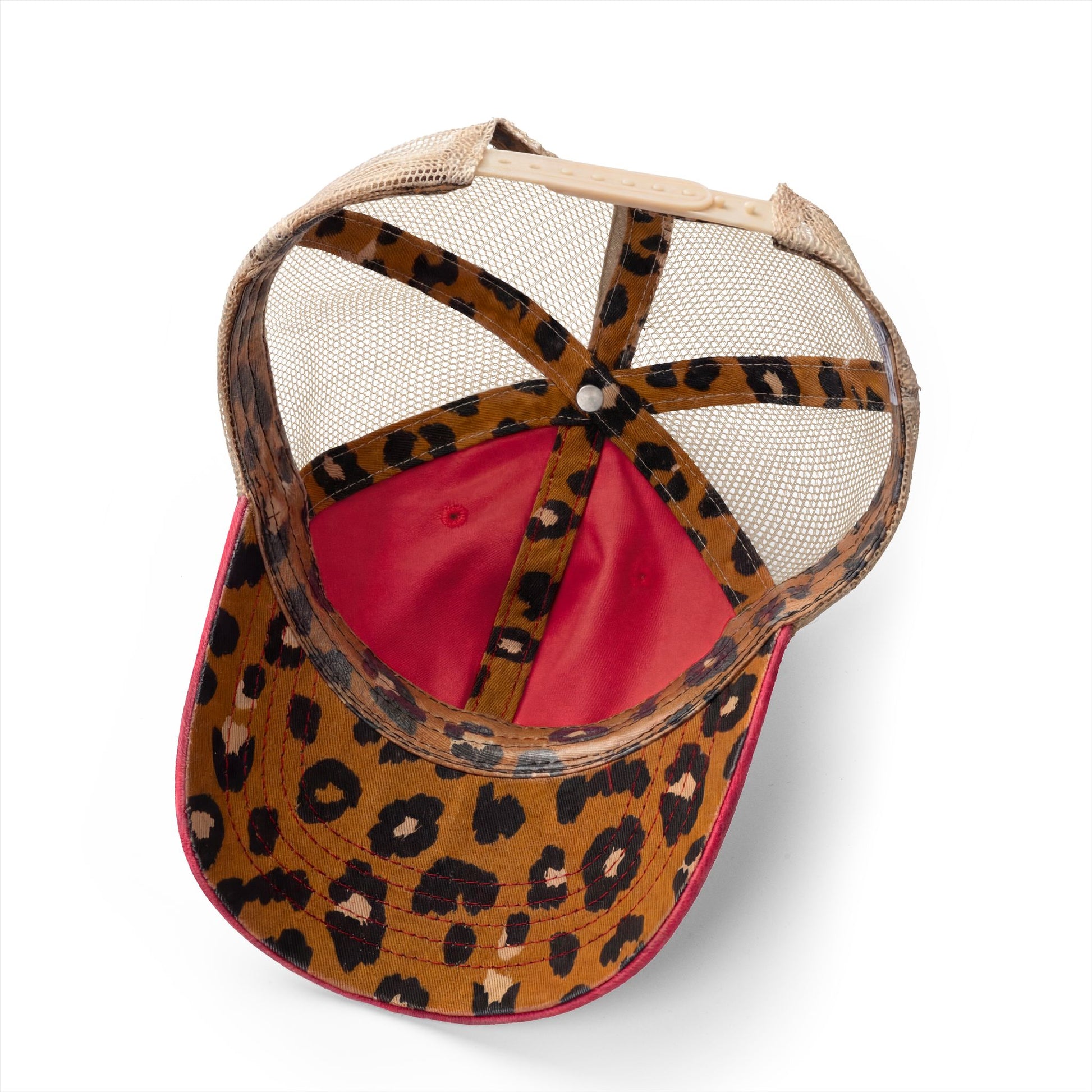 Underside of leopard print mesh trucker hat.