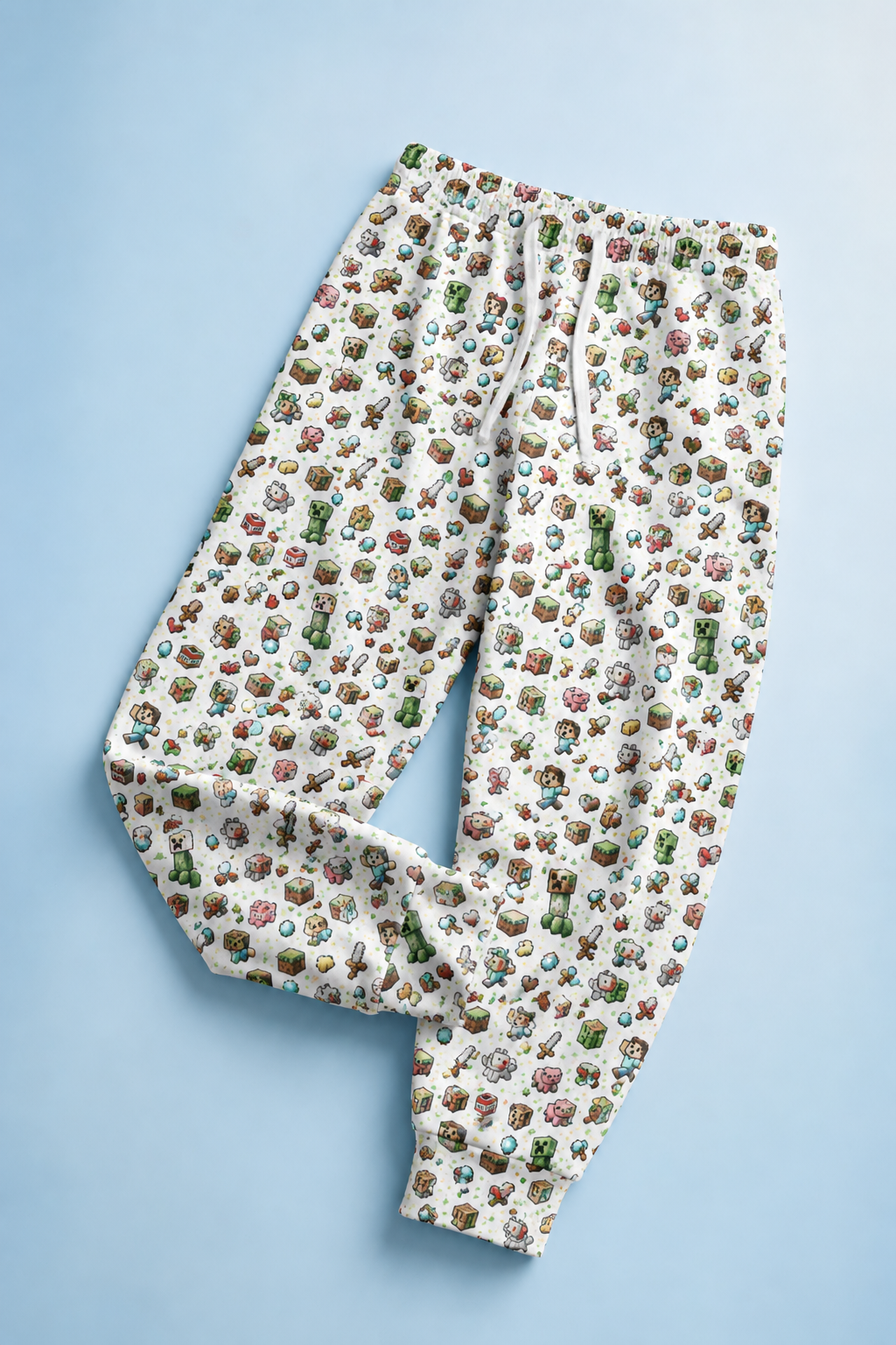 Folded Level Up Gamer Joggers displaying colorful pixel gaming graphics.