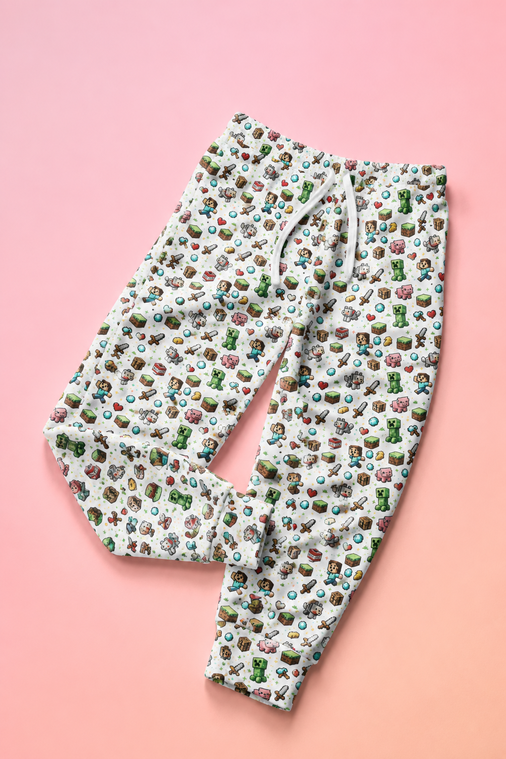 Flat lay of Level Up Gamer Joggers featuring colorful pixel-inspired gaming graphics on pink background.