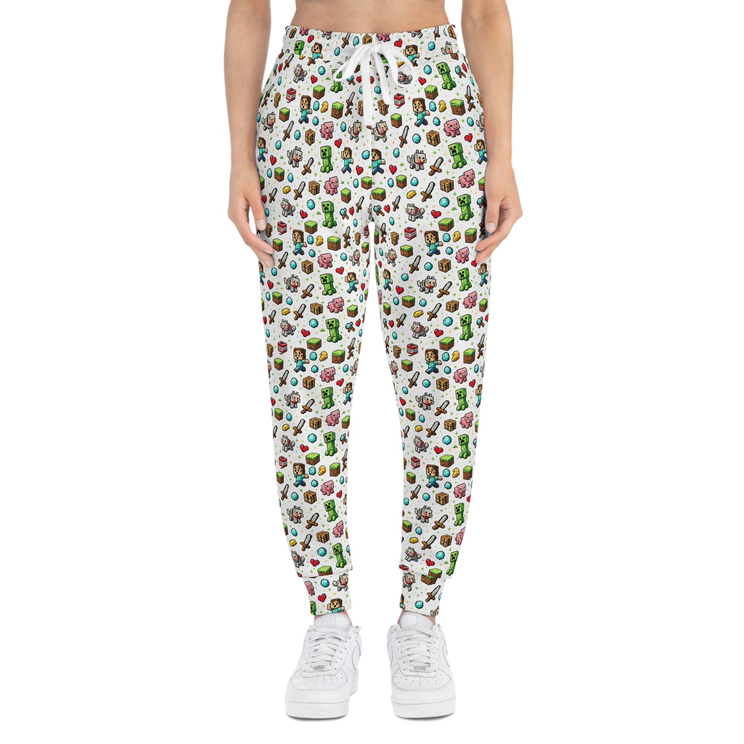 Full front body view of unisex athletic gaming joggers with pixel art print.