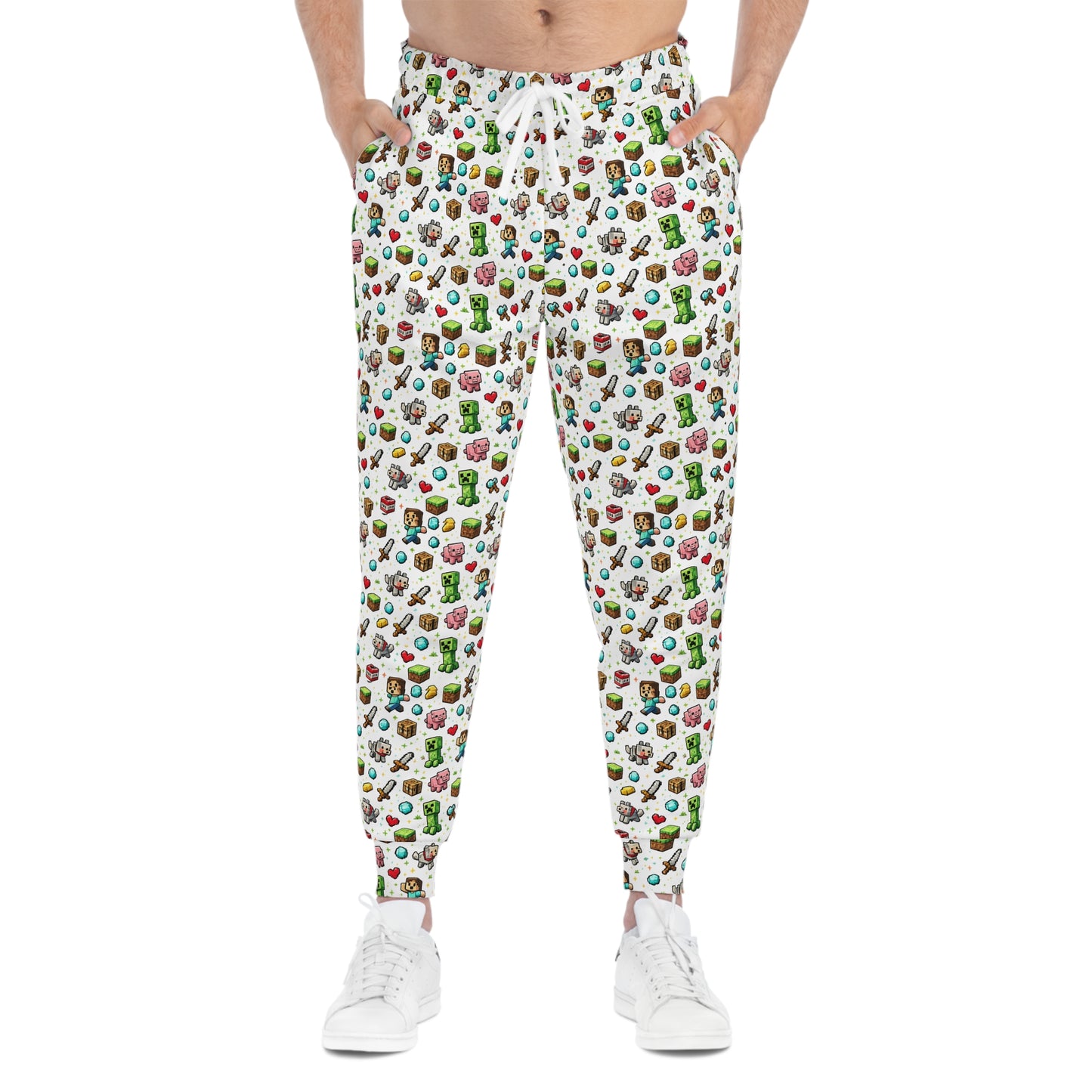 Front view of model wearing Level Up Gamer Joggers with pixel gaming print.