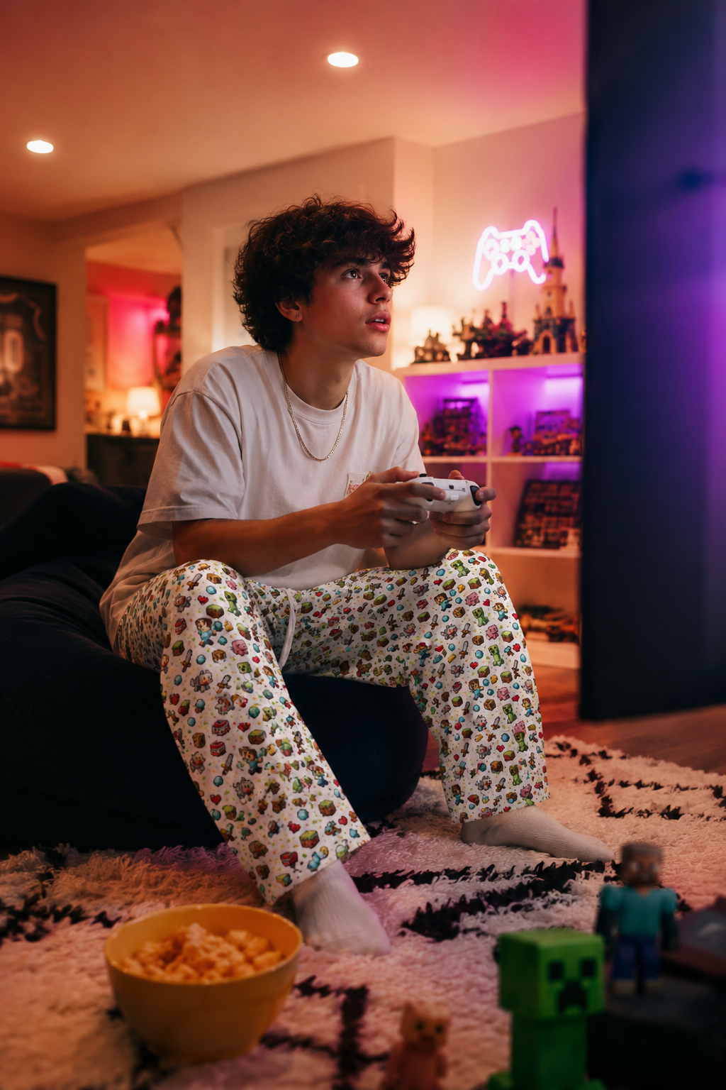 Gamer wearing Level Up Gamer Joggers during casual gaming session at home.