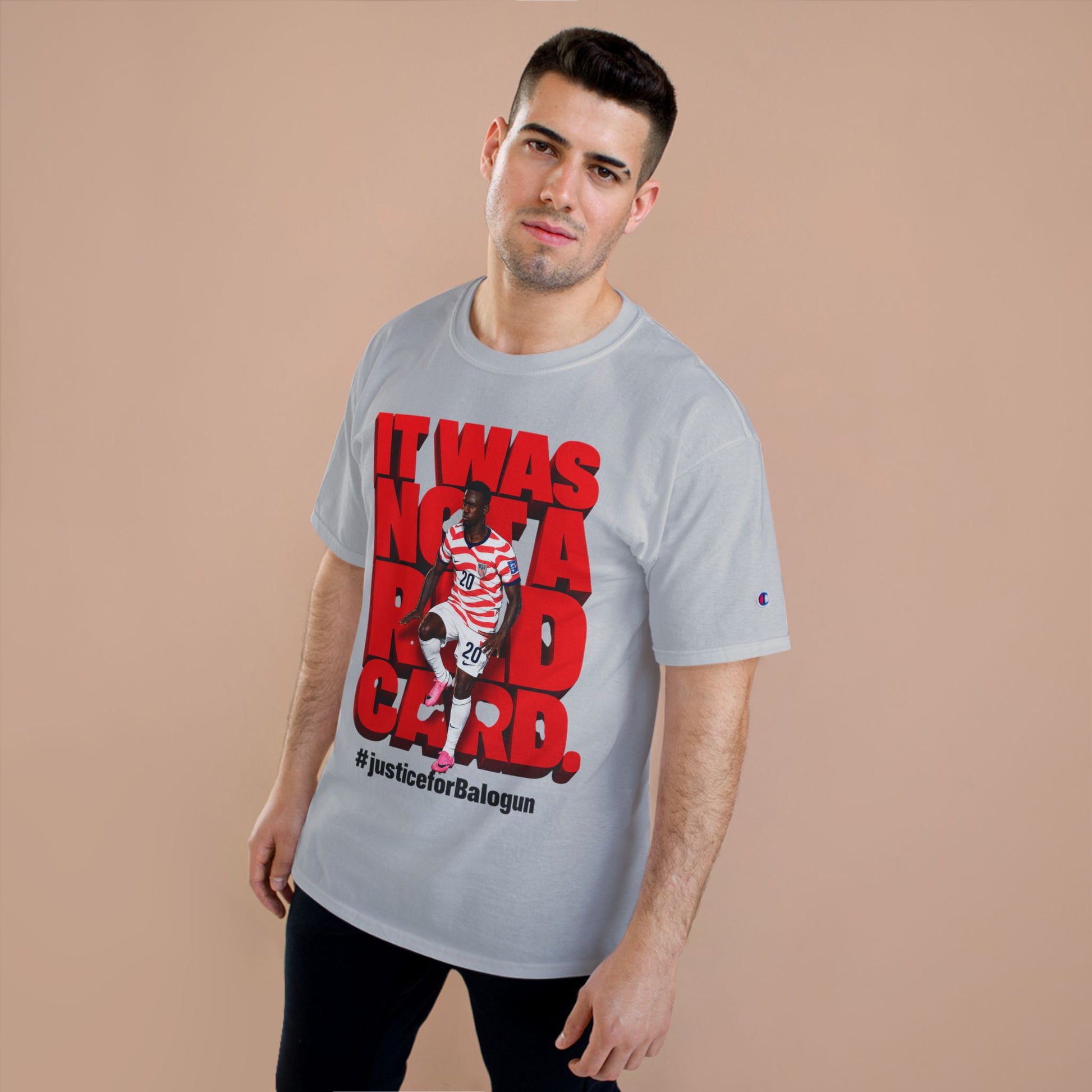 male model wearing light blue It Was Not a Red Card soccer graphic t-shirt