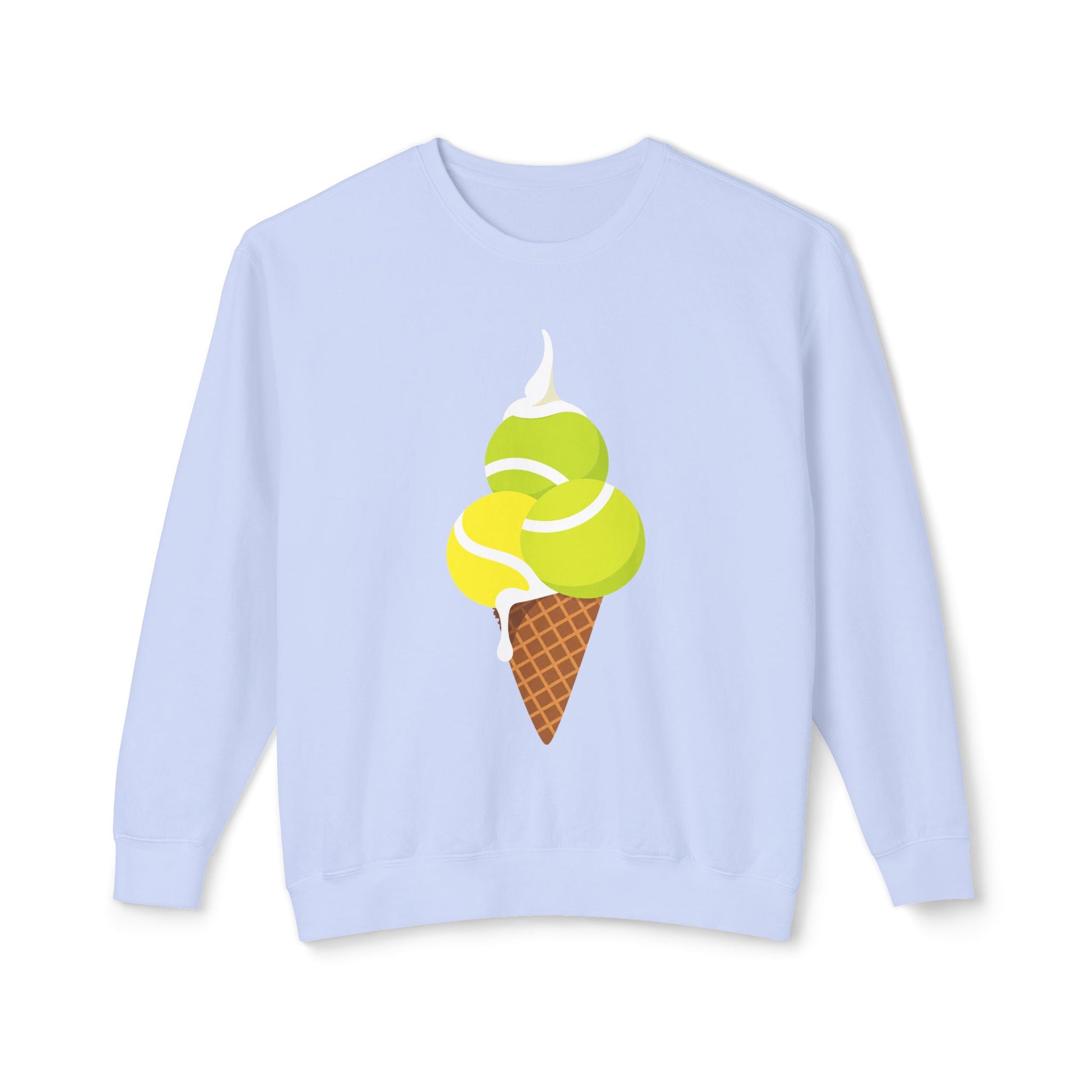 Light blue tennis sweatshirt with colorful tennis ball ice cream cone graphic