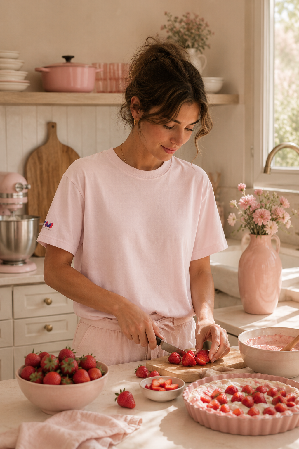 Woman baking while wearing a light pink cotton T-shirt.