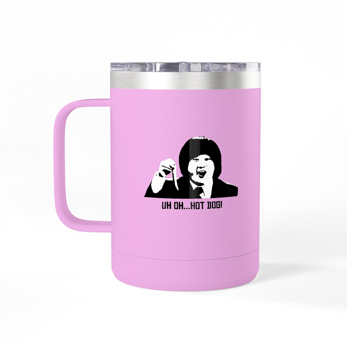 Light purple Uh Oh Hot Dog MADtv stainless steel travel mug with character artwork