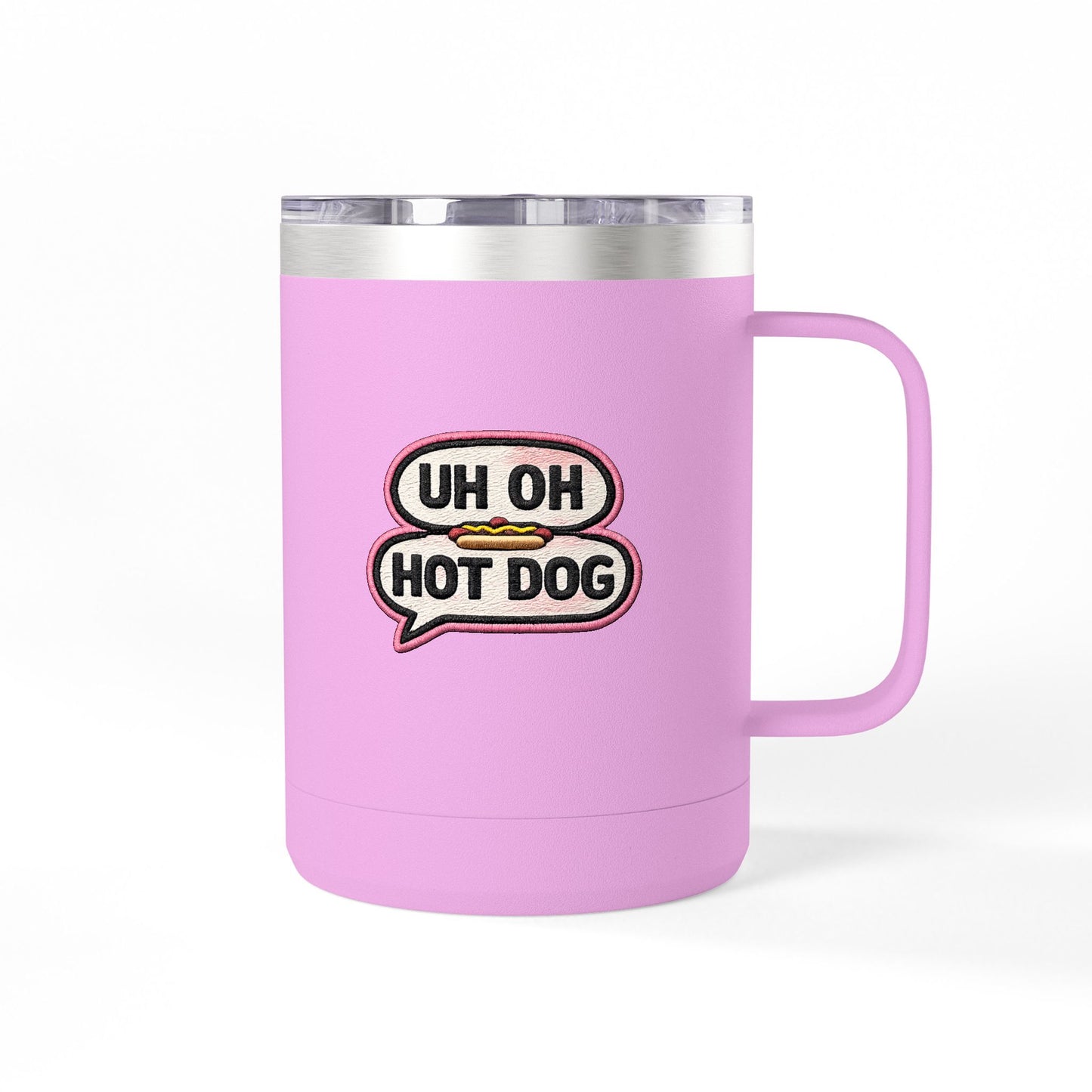 Light purple Uh Oh Hot Dog MADtv insulated coffee mug with speech-bubble design