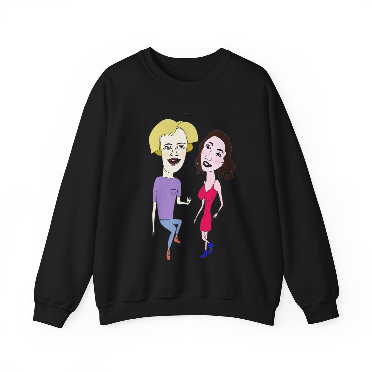 Black crewneck sweatshirt with colorful cartoon couple artwork on the front