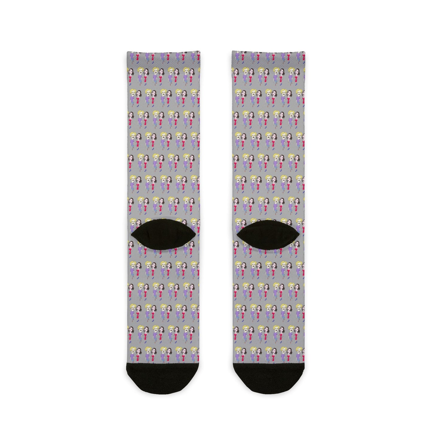 Back view of Lily & Matthew patterned crew socks showcasing an all-over illustrated design and crew-length fit.