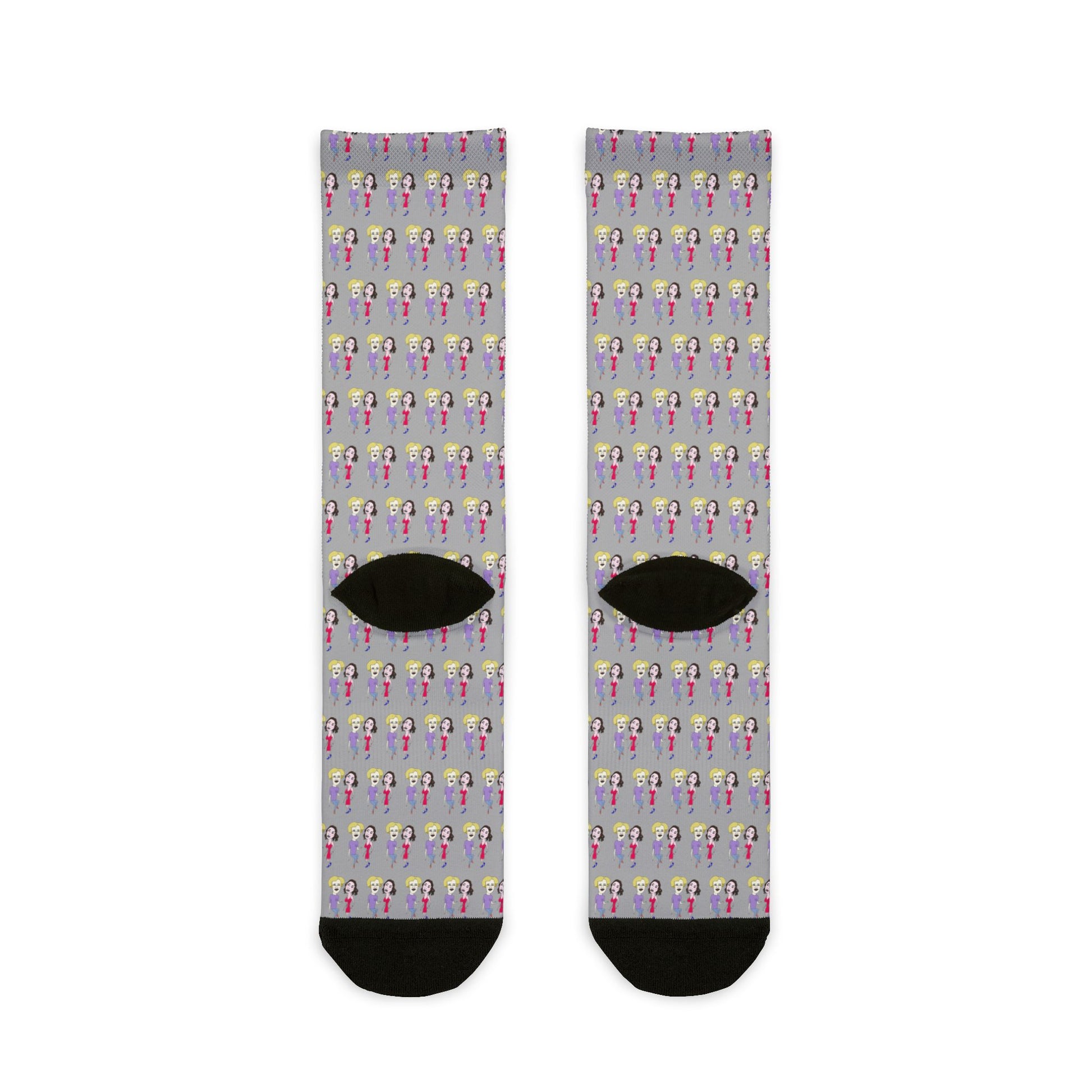 Back view of Lily & Matthew patterned crew socks showcasing an all-over illustrated design and crew-length fit.
