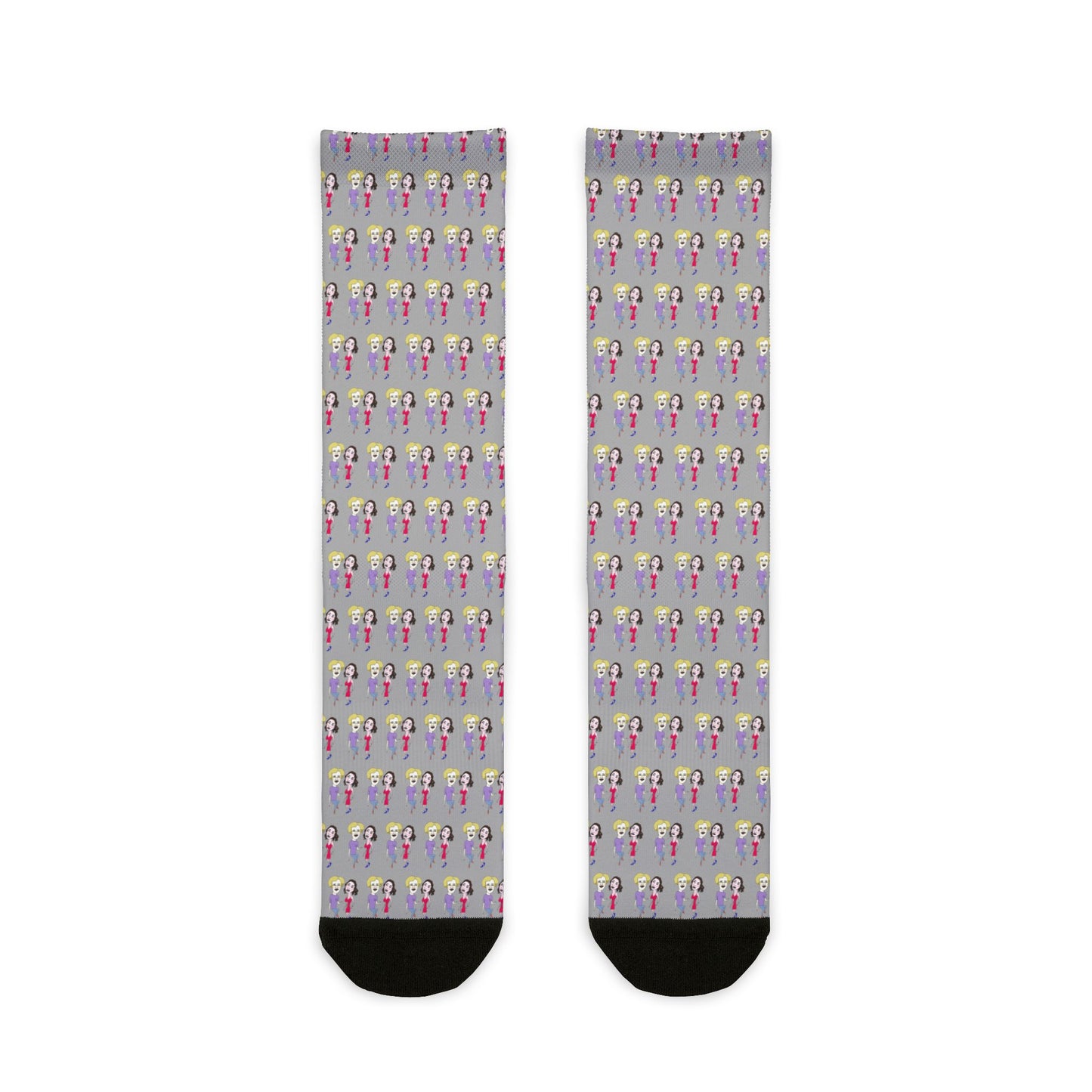 Front view of Lily & Matthew patterned crew socks featuring colorful illustrated artwork and black heel and toe accents.