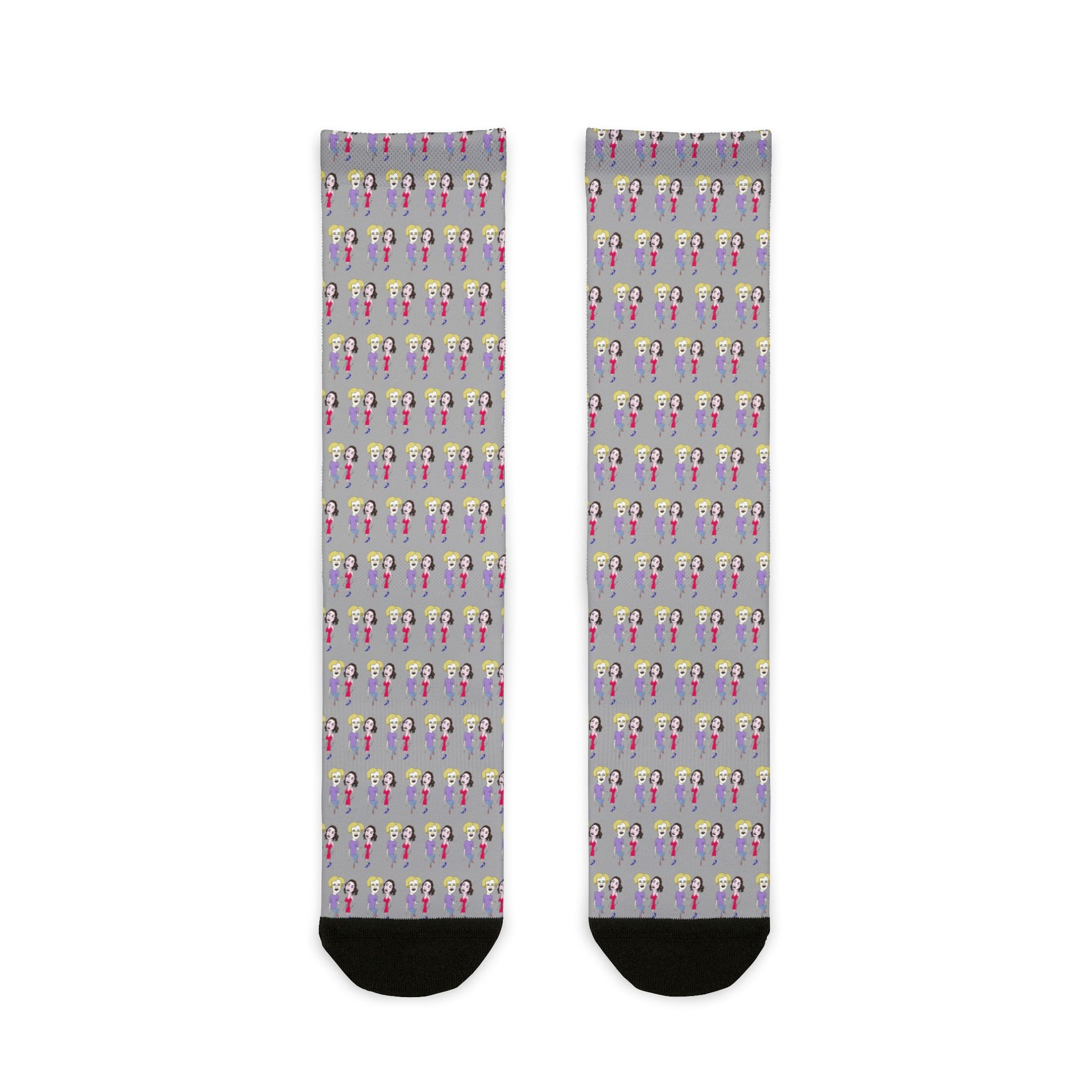 Front view of Lily & Matthew patterned crew socks featuring colorful illustrated artwork and black heel and toe accents.