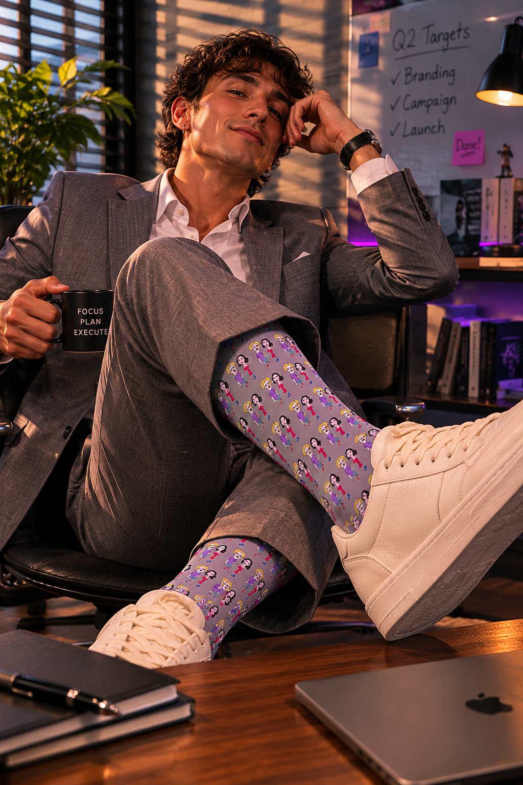 Man wearing Lily & Matthew patterned crew socks while relaxing in a creative office workspace with modern streetwear styling.