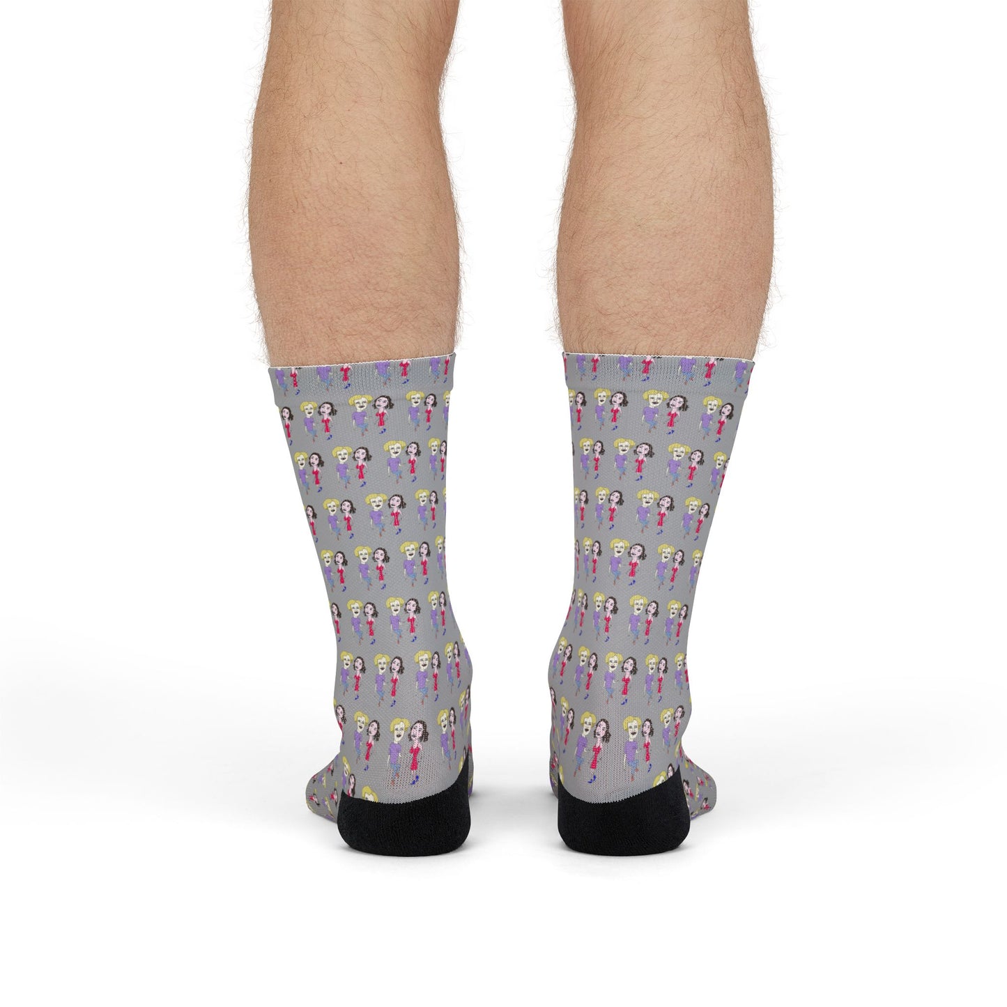 Rear view of Lily & Matthew patterned crew socks showcasing the all-over original illustration pattern.