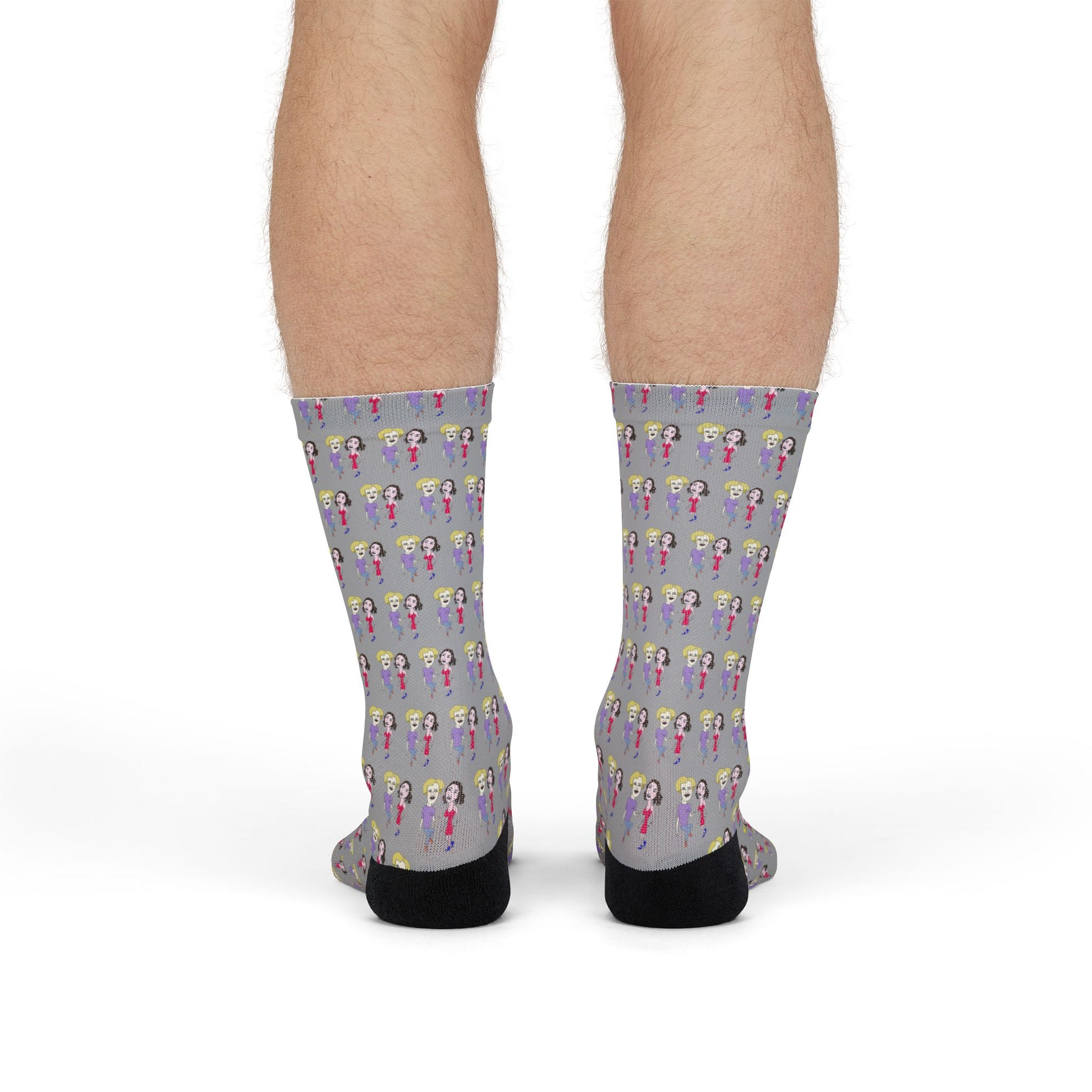 Rear view of Lily & Matthew patterned crew socks showcasing the all-over original illustration pattern.
