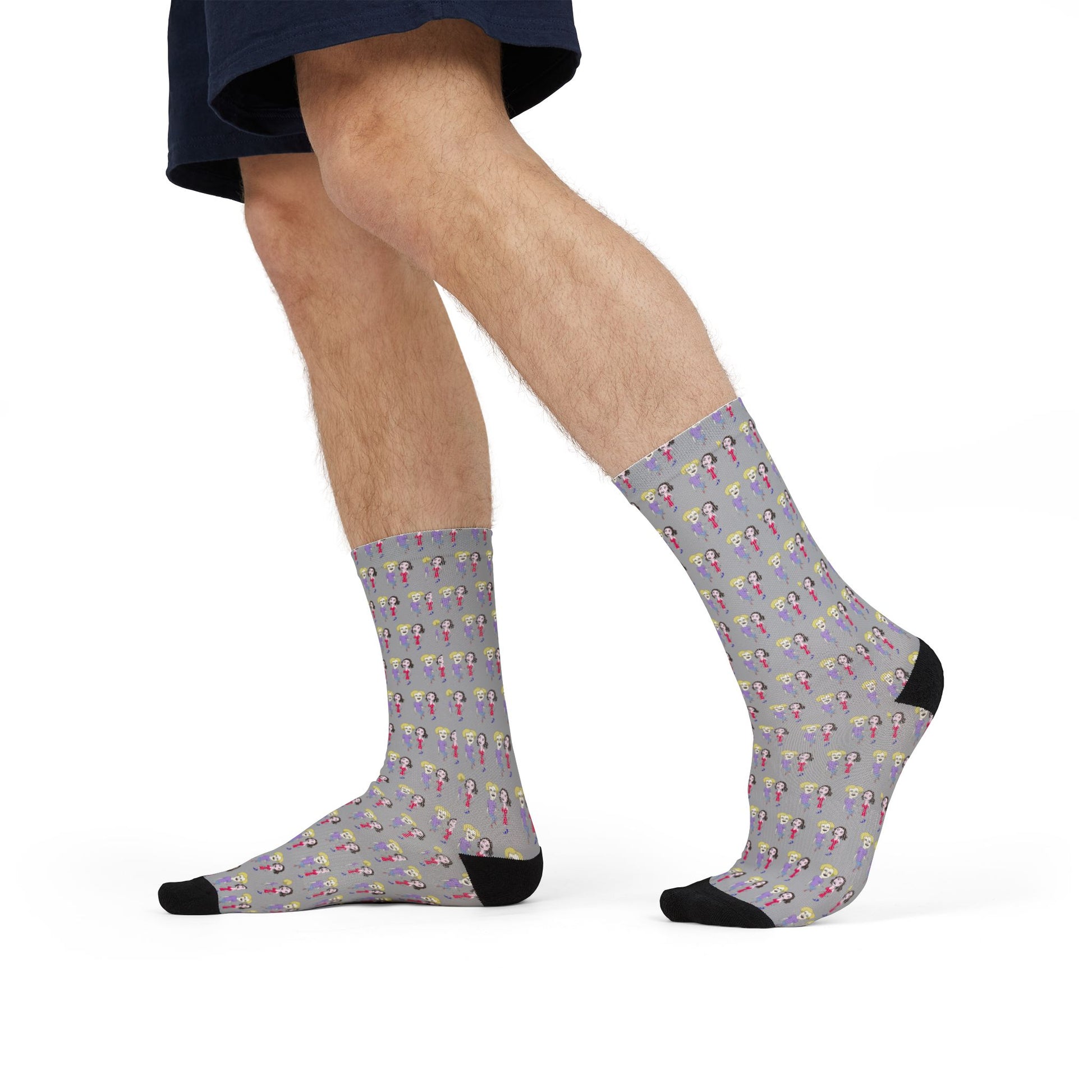 Side profile of Lily & Matthew patterned crew socks featuring colorful illustrated artwork and modern styling.