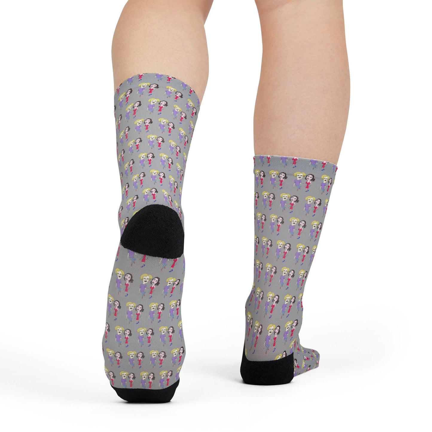 Bottom view of Lily & Matthew patterned crew socks showing crew-length construction and detailed artwork.