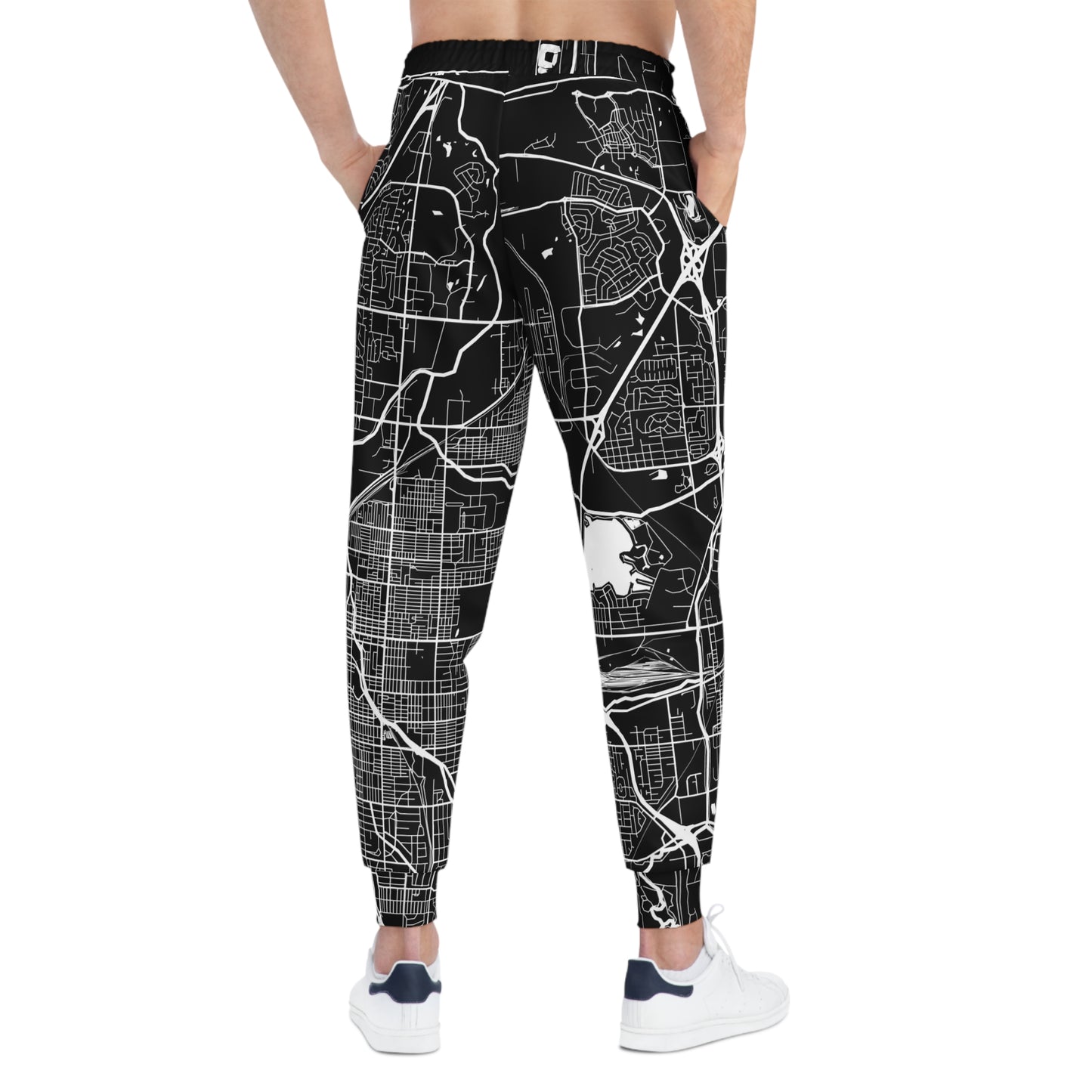 Back view of Lincoln Nebraska map joggers featuring a detailed city map print and tapered athletic fit.
