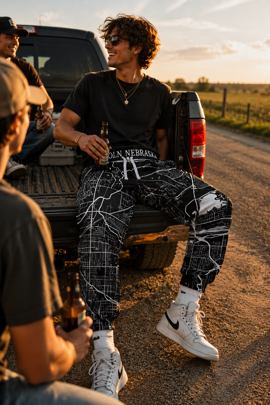 Young man wearing Lincoln Nebraska map joggers while hanging out with friends on a country road in an editorial streetwear lifestyle photoshoot.