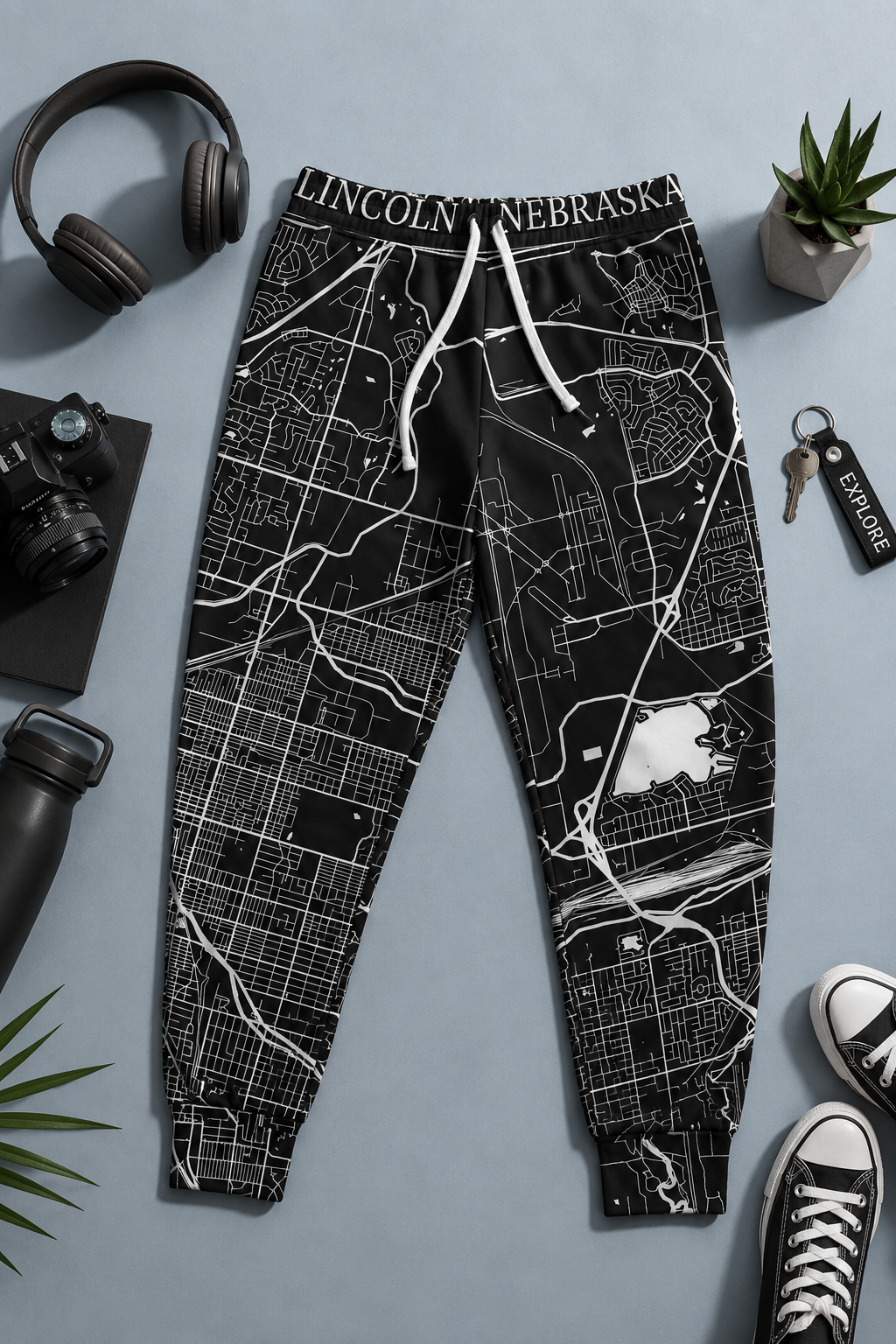 Flat lay of Lincoln Nebraska map joggers showcasing an all-over city map design and lightweight athletic streetwear styling.