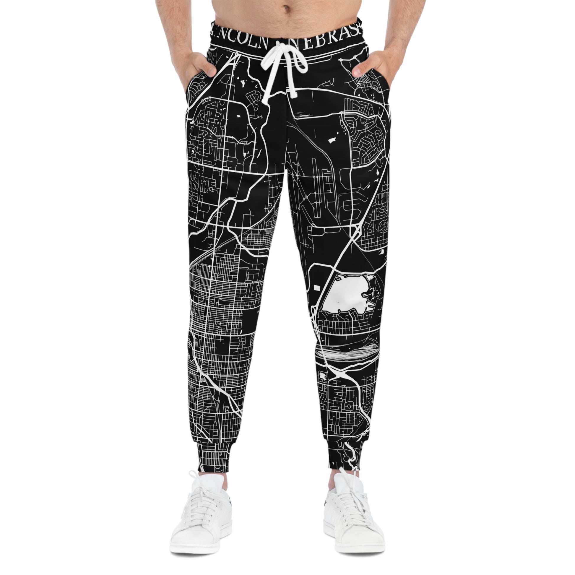 Front view of Lincoln Nebraska map joggers featuring a detailed black and white city street map print.

