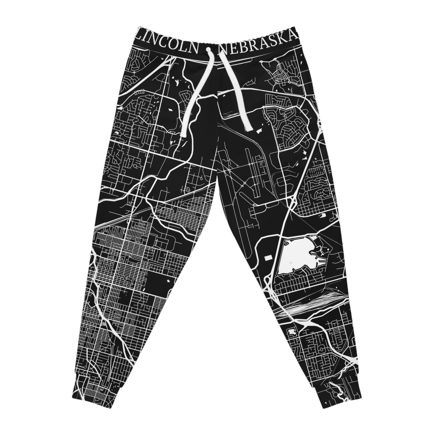 Lincoln Nebraska map joggers with an all-over black and white street map pattern and adjustable drawstring waist.