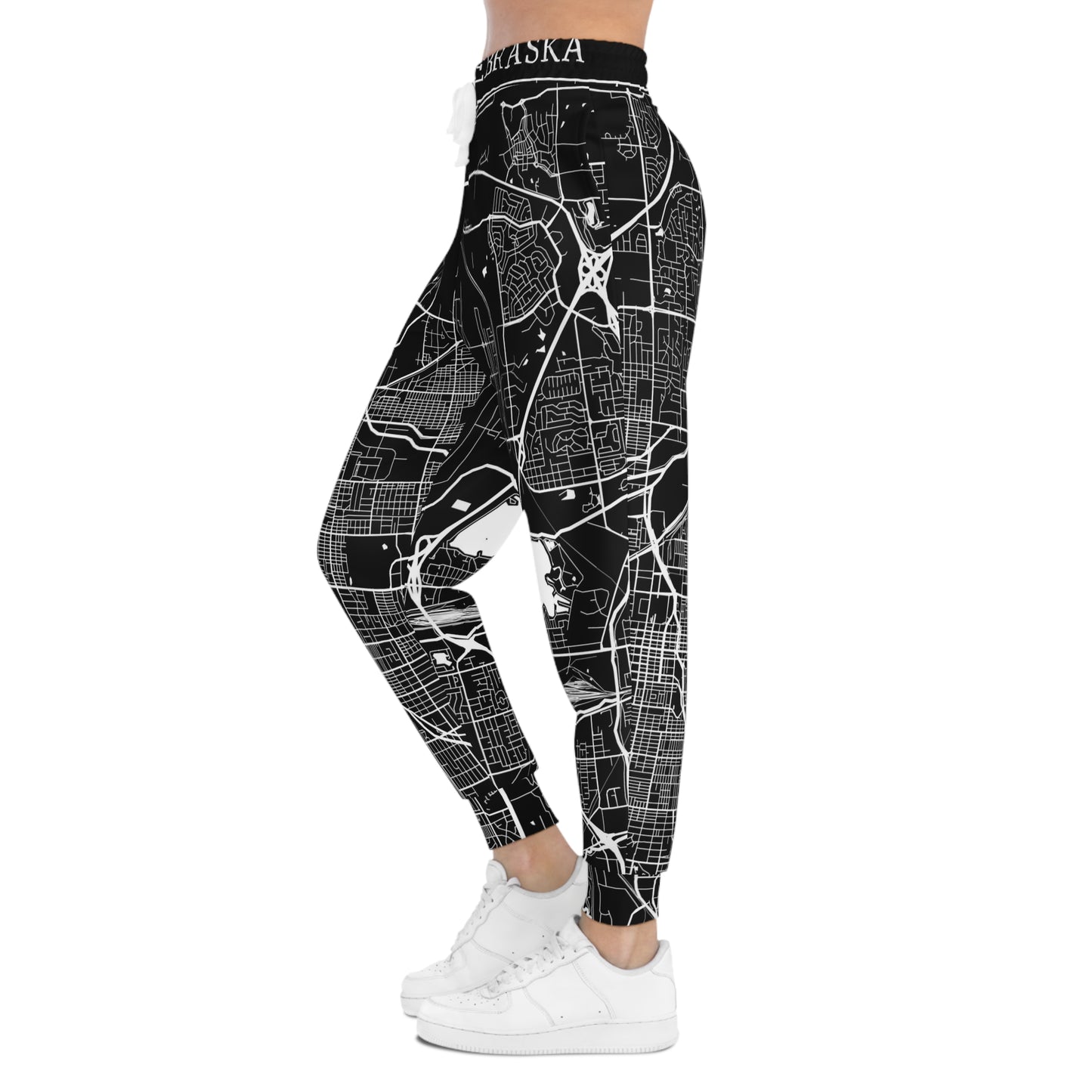 Side profile of Lincoln Nebraska map joggers featuring a detailed city map print and modern athletic silhouette.