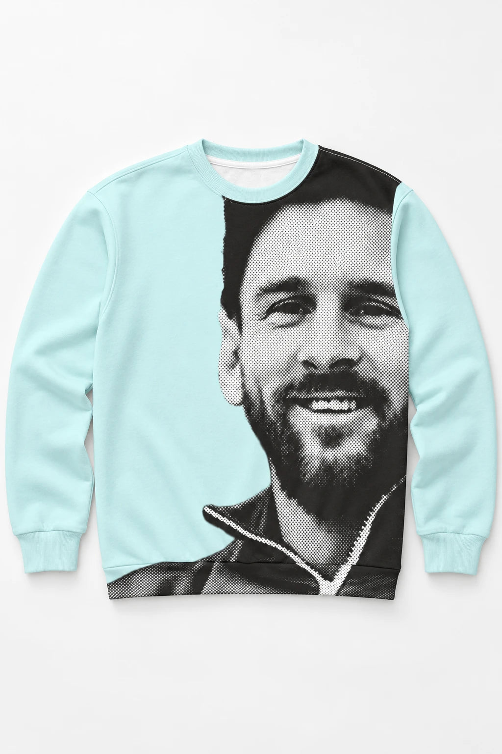 Light blue Lionel Messi graphic sweatshirt with black and white portrait print