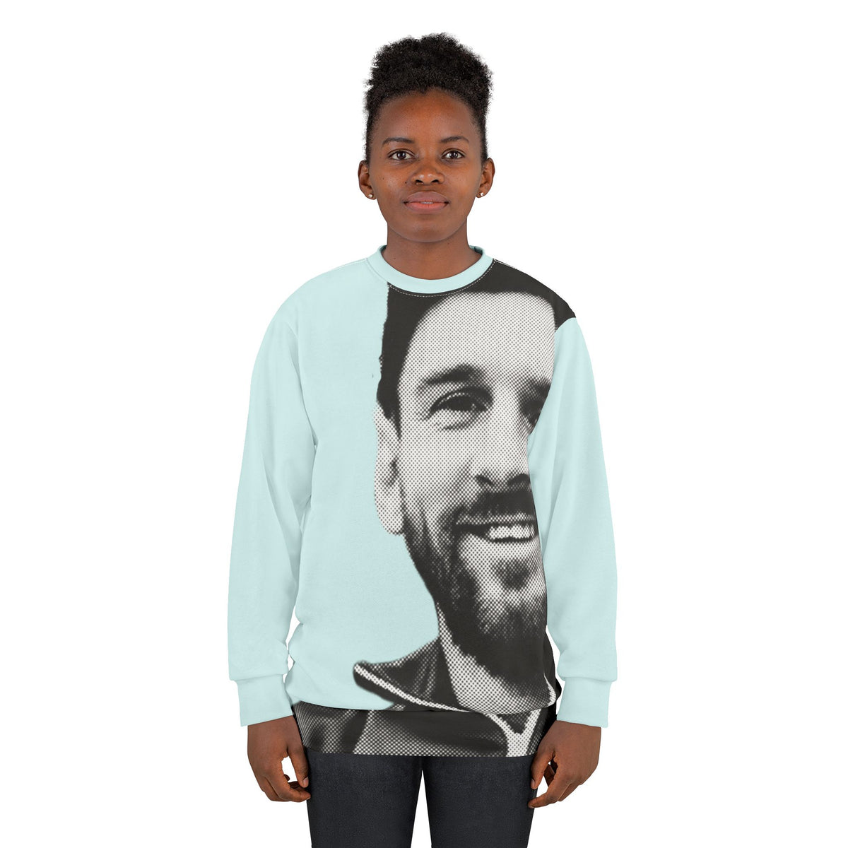 Female model wearing light blue Lionel Messi graphic sweatshirt
