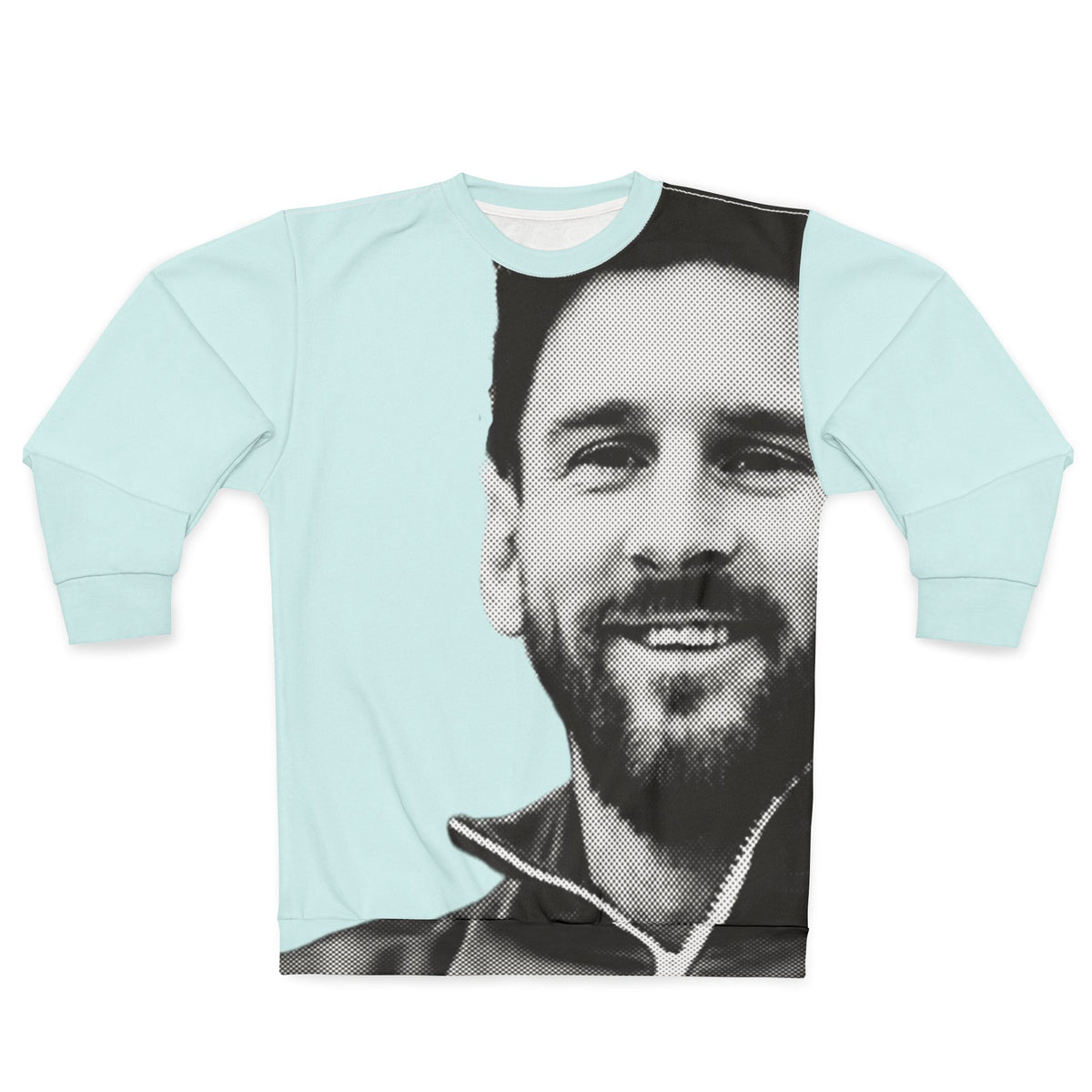 Front view of light blue Lionel Messi sweatshirt with oversized black and white portrait