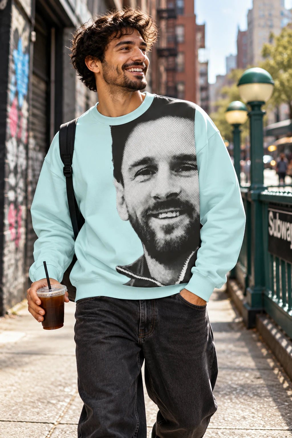 Male wearing Lionel Messi graphic sweatshirt in light blue on a city street
