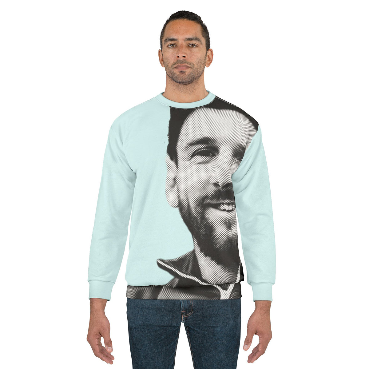 Male model wearing Lionel Messi graphic crewneck sweatshirt in light blue