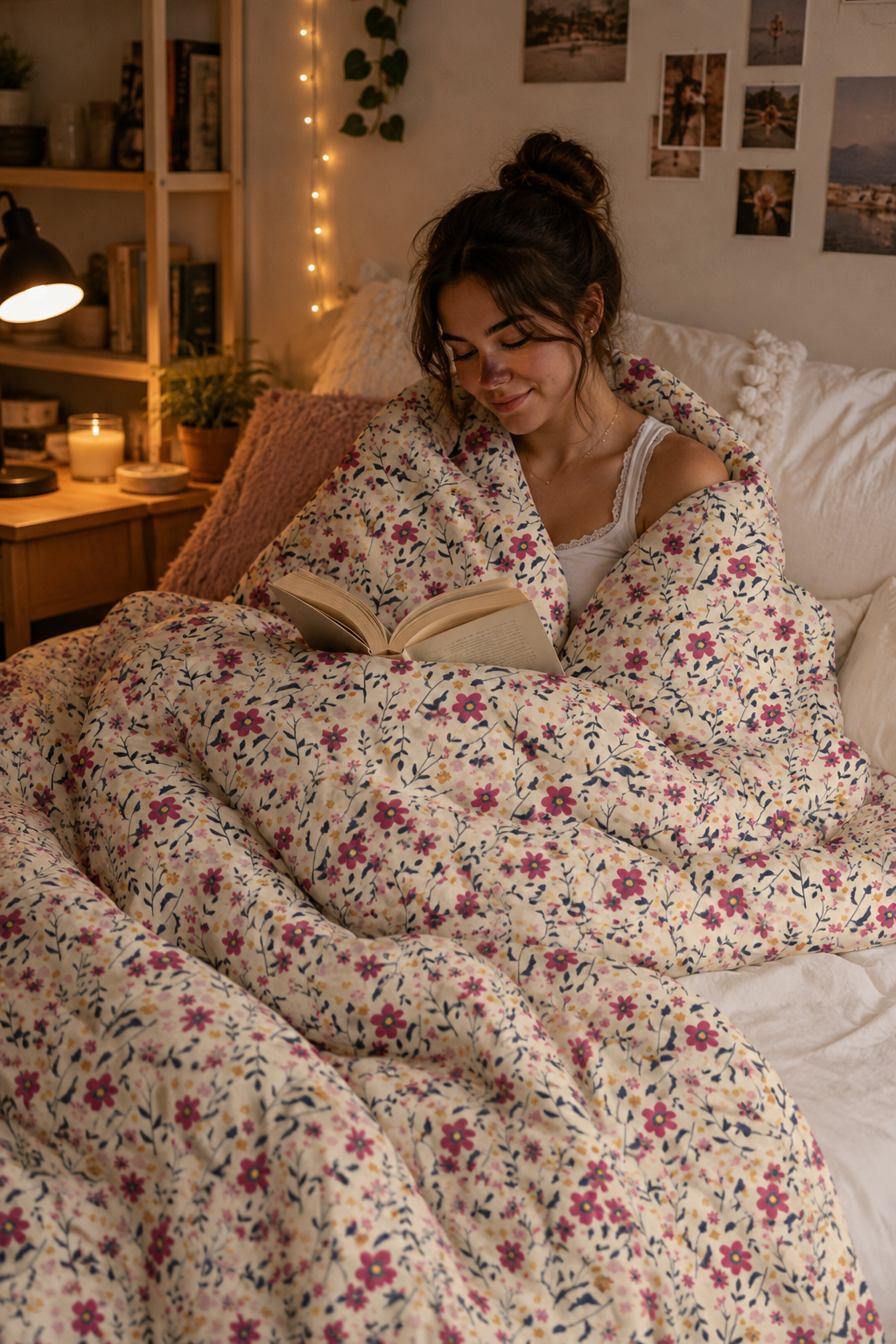 Gen Z woman reading in bed wrapped in the Little Flowers floral comforter