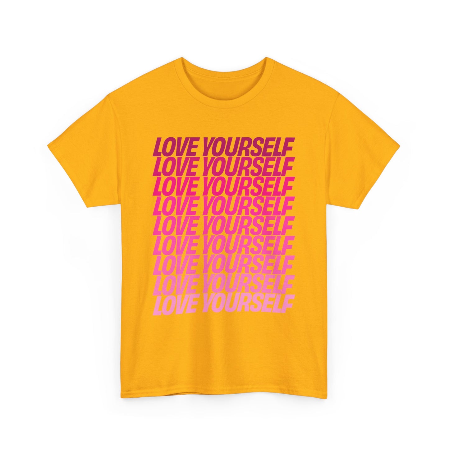Front view of the Love Yourself graphic unisex T-shirt in gold featuring bold pink typography.