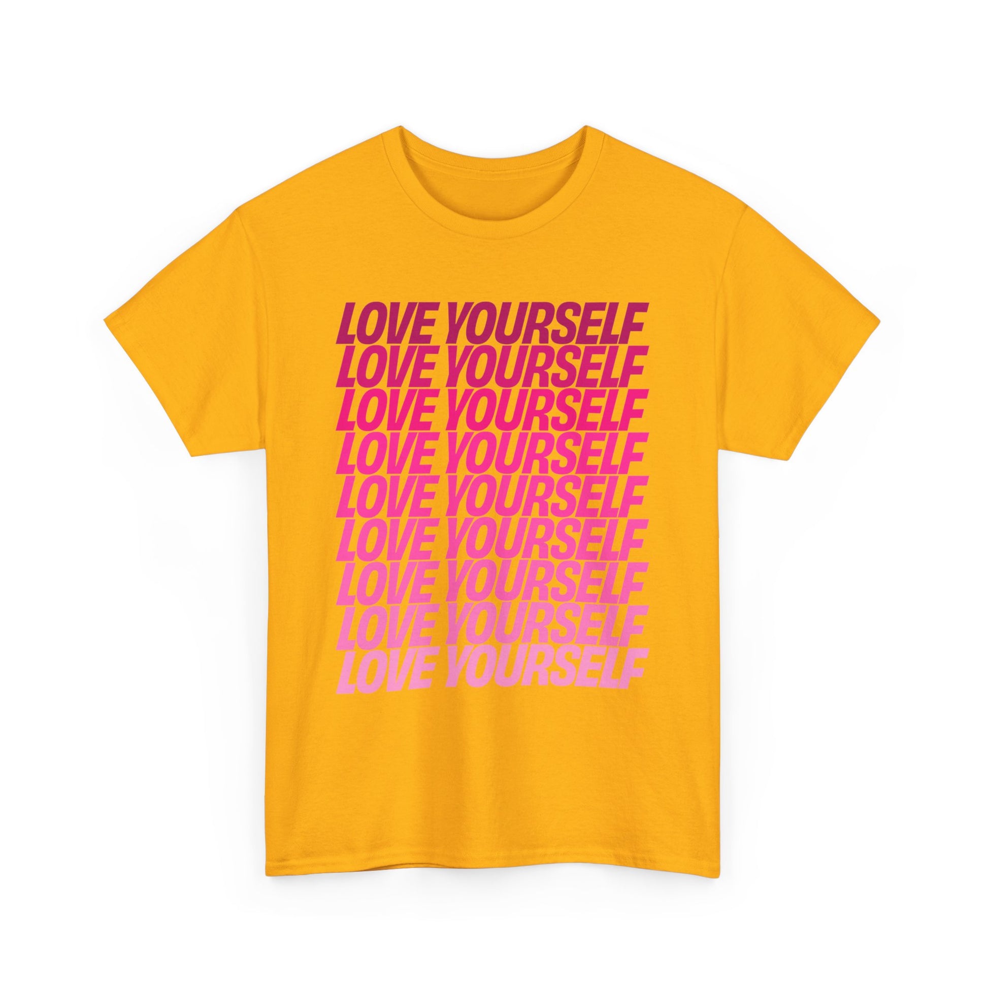 Front view of the Love Yourself graphic unisex T-shirt in gold featuring bold pink typography.