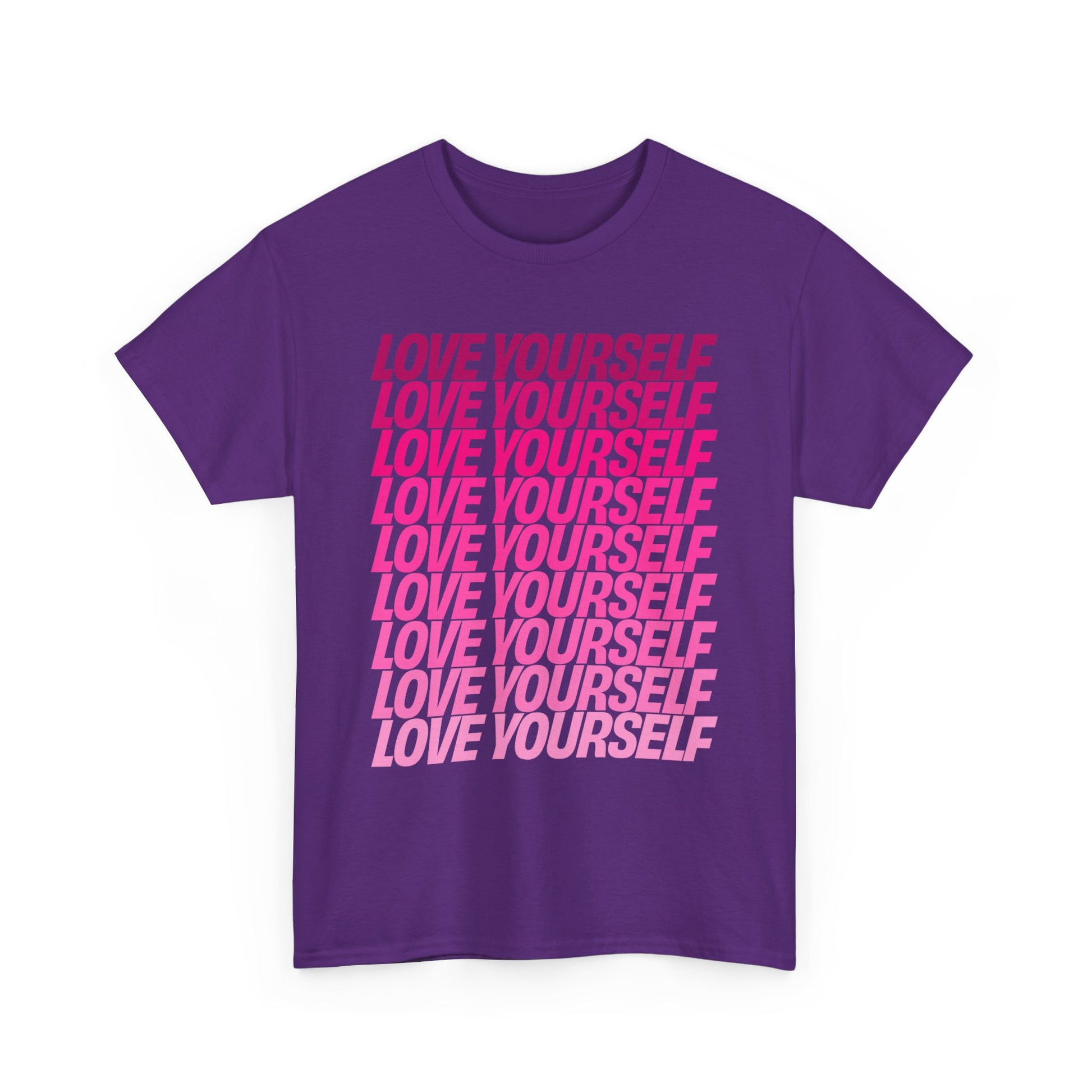 Front view of the Love Yourself graphic unisex T-shirt in purple featuring bold pink typography.