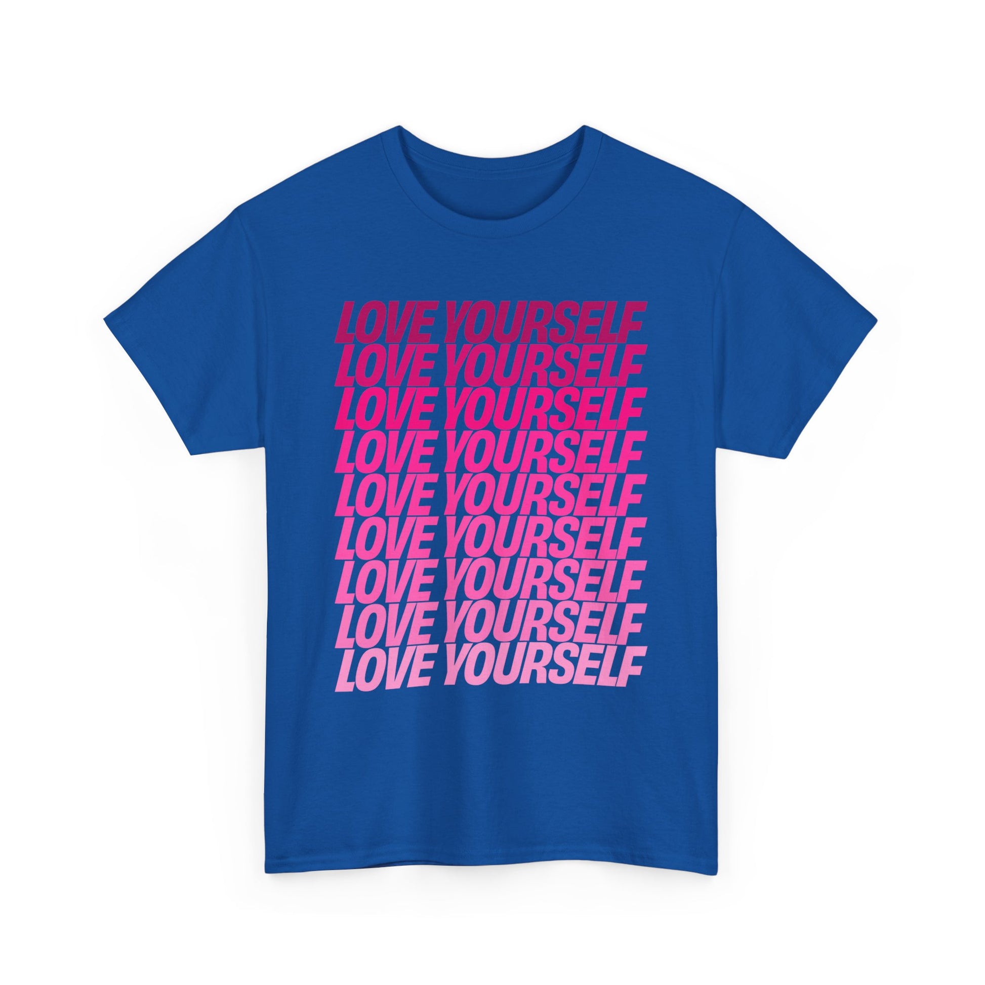 Front view of the Love Yourself graphic unisex T-shirt in royal blue featuring vibrant pink typography.