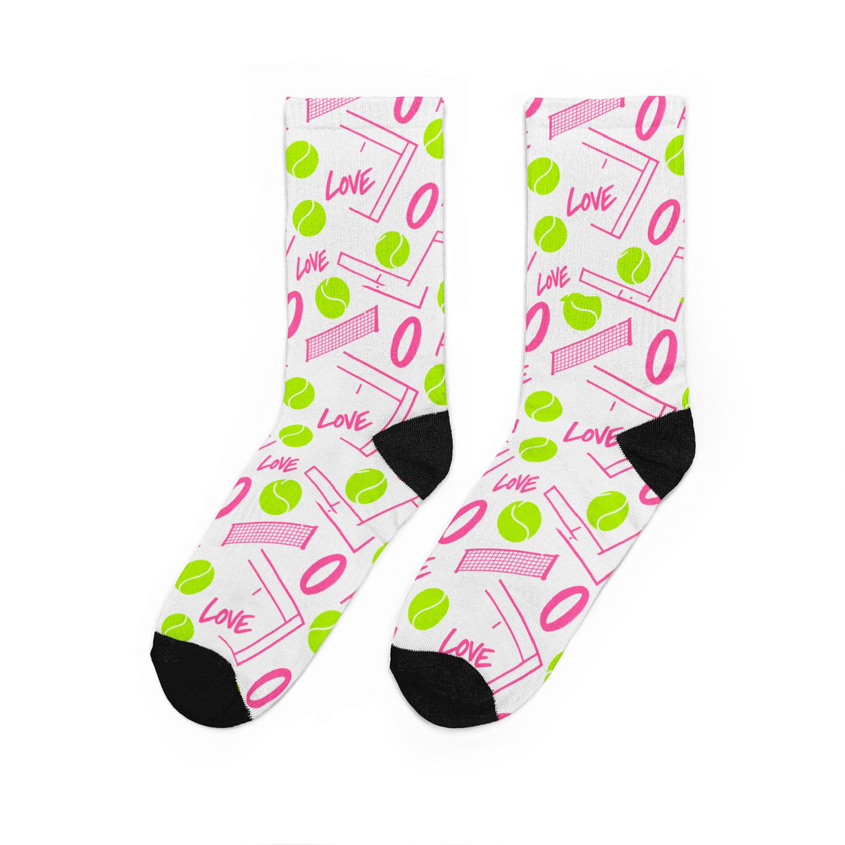 Love Zero tennis crew socks with pink graphics and green tennis ball print