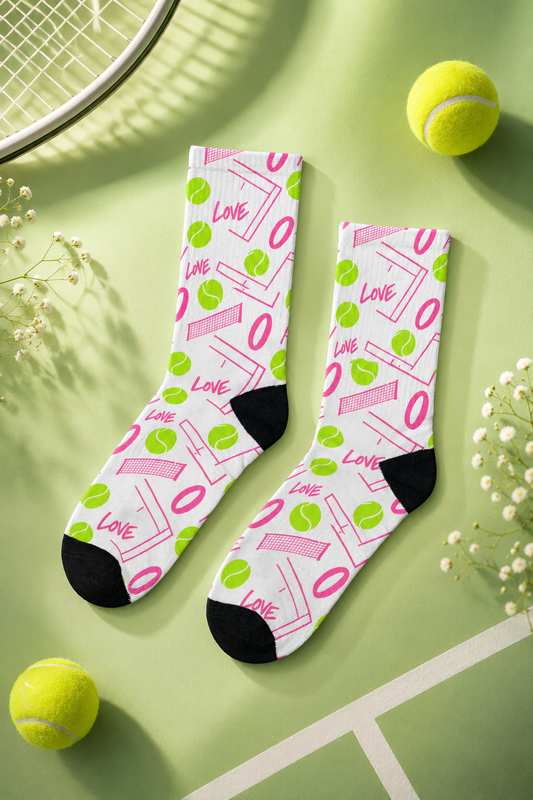 Love Zero tennis socks flat lay with pink court graphics and green tennis balls