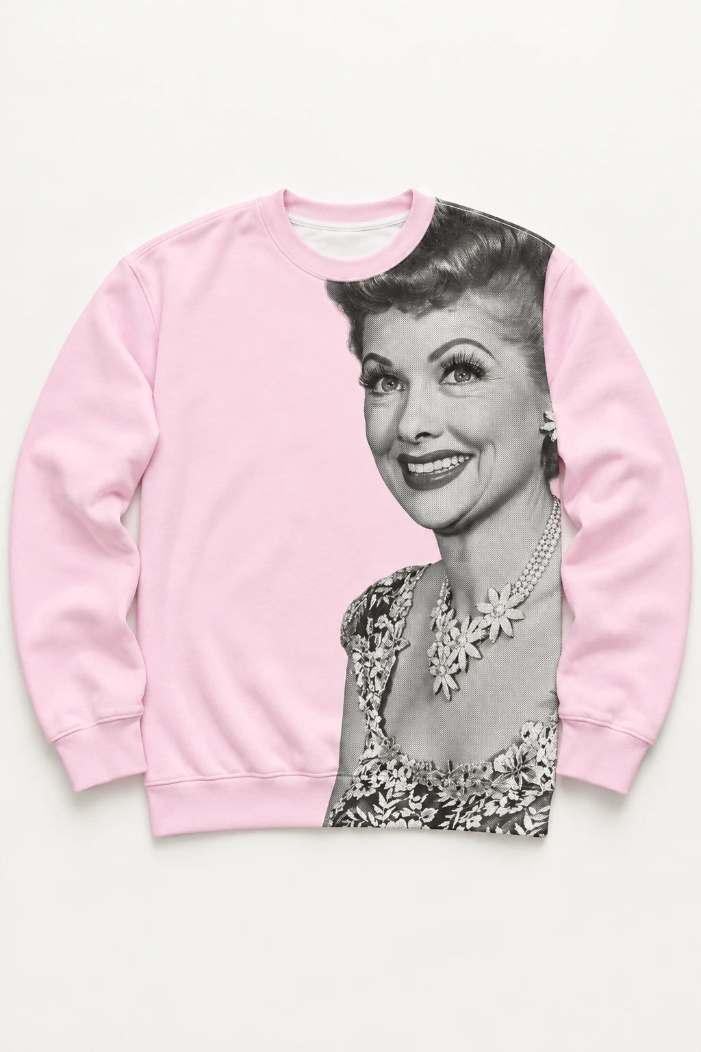 Pink Lucille Ball graphic sweatshirt with black and white vintage halftone portrait flat lay