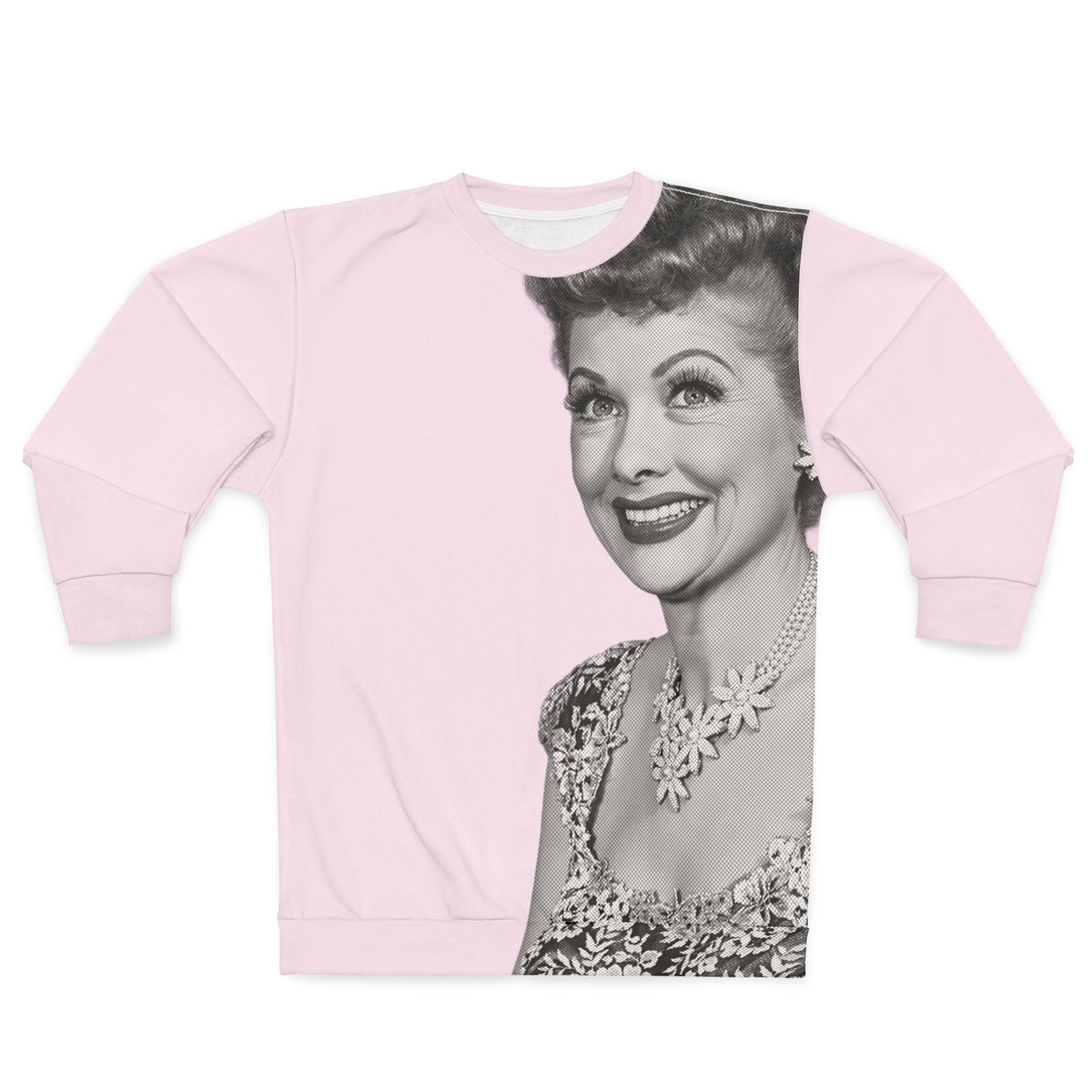 Front view of pink Lucille Ball graphic sweatshirt with large black and white portrait