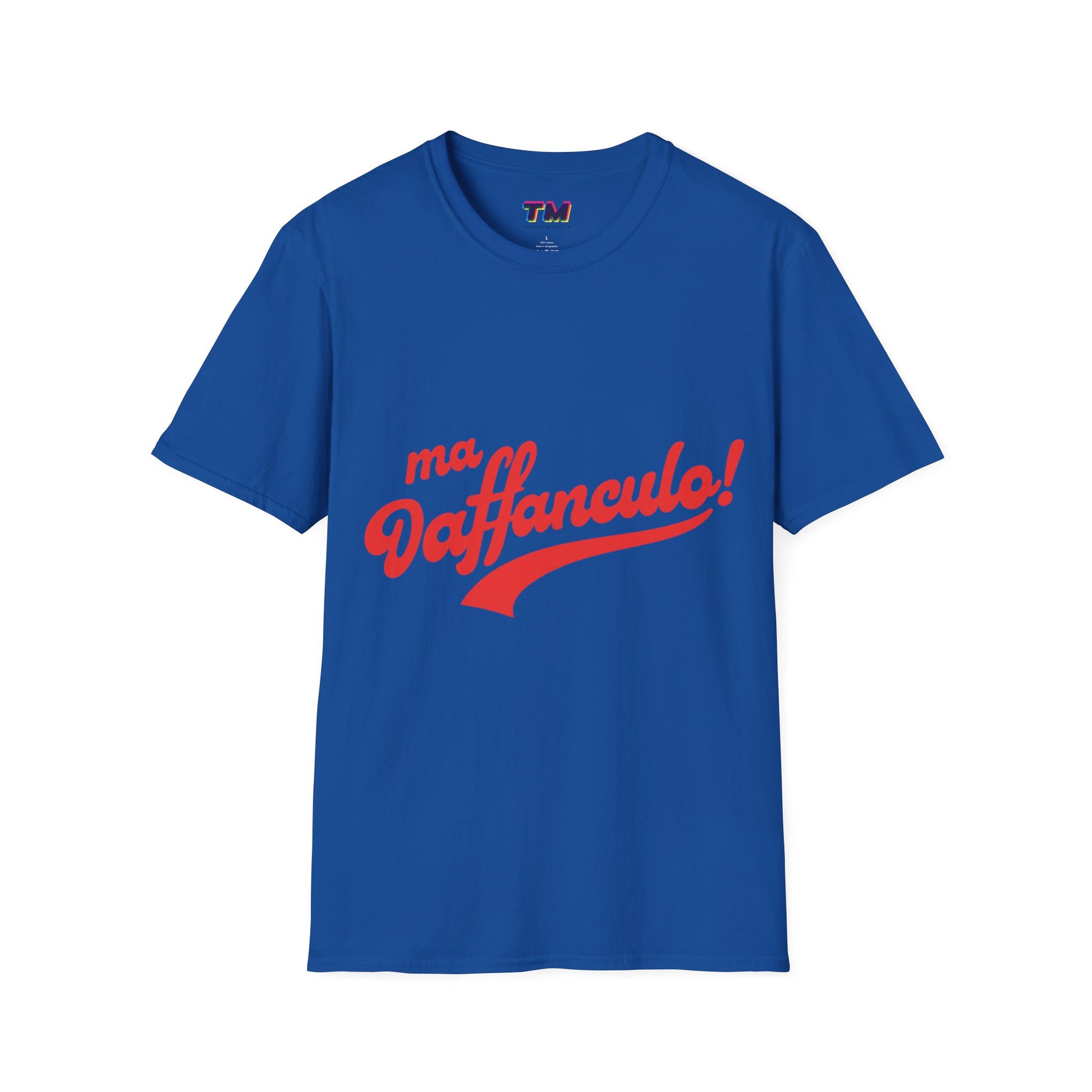 Front view of the blue Ma Vaffanculo Italian graphic t-shirt.
