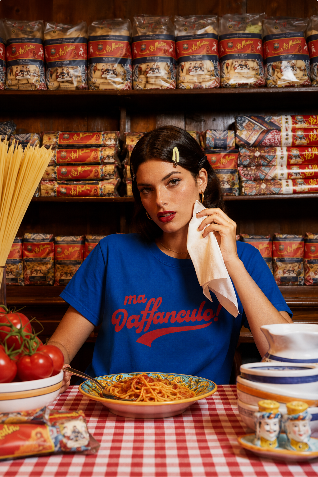 Woman wearing the blue Ma Vaffanculo graphic t-shirt in an Italian pasta pantry.