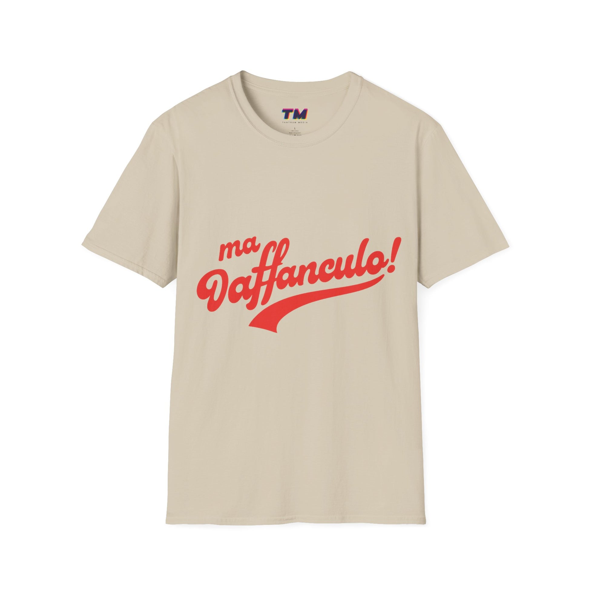 Front view of the sand Ma Vaffanculo Italian graphic t-shirt.