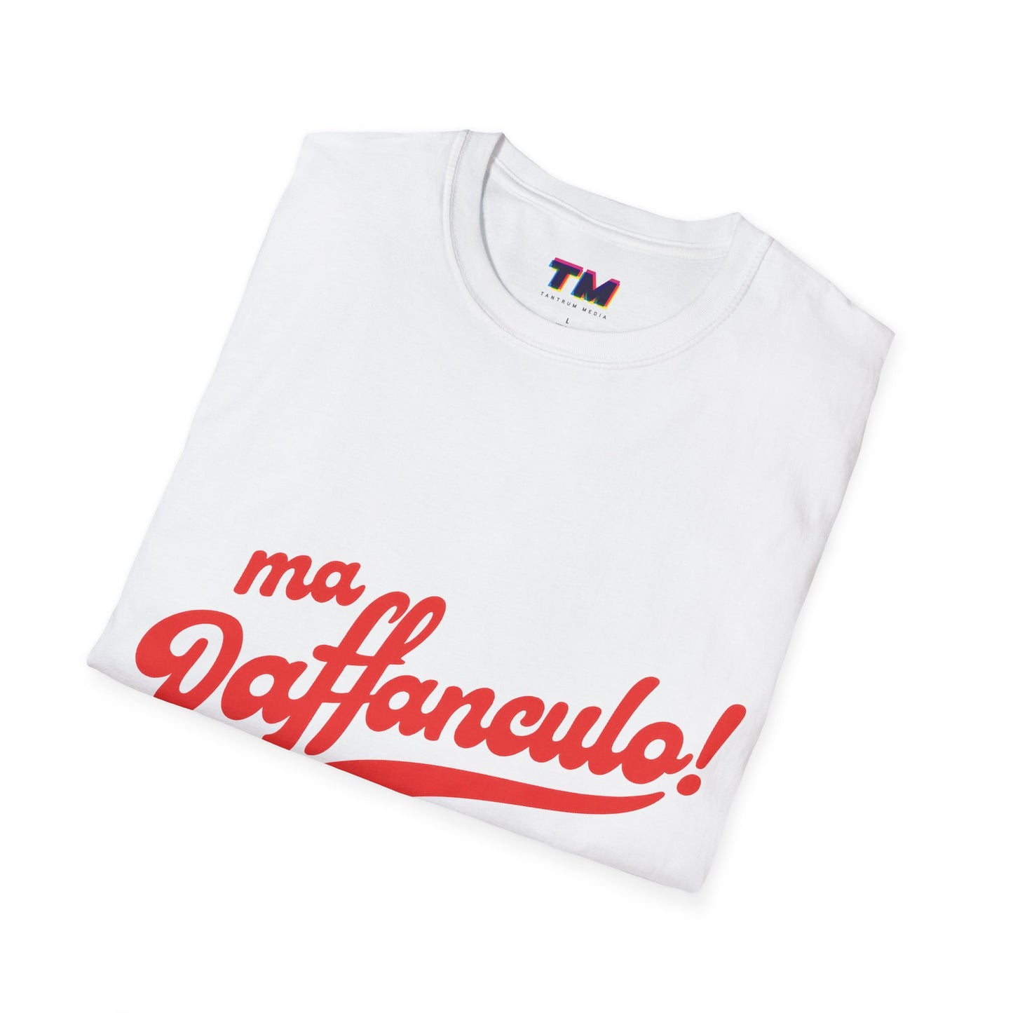 Folded white Ma Vaffanculo graphic t-shirt showing the front print.
