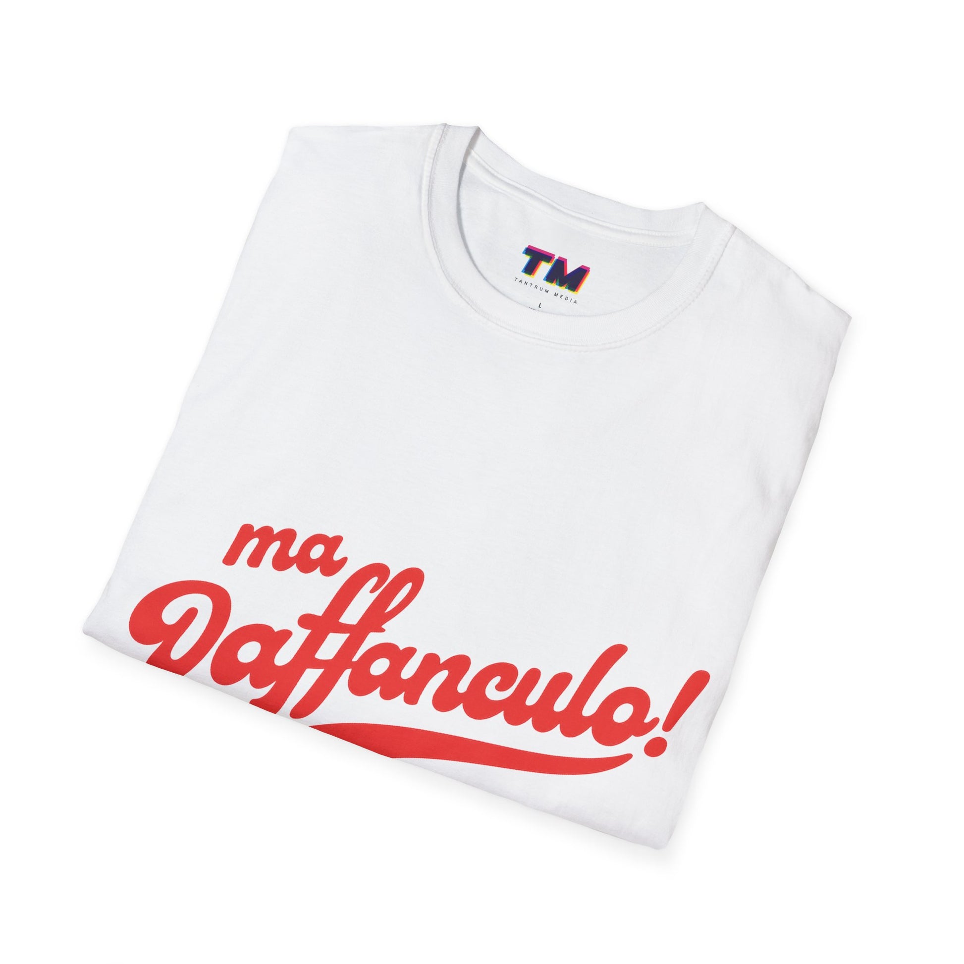Folded white Ma Vaffanculo graphic t-shirt showing the front print.