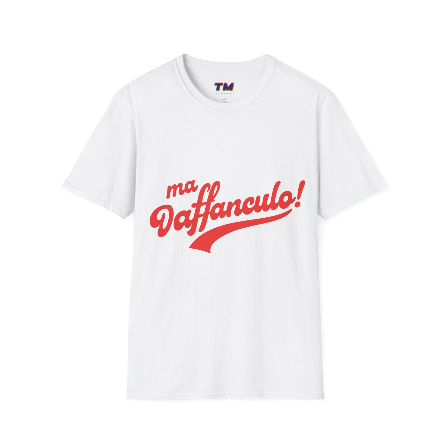 Front view of the white Ma Vaffanculo Italian graphic t-shirt.