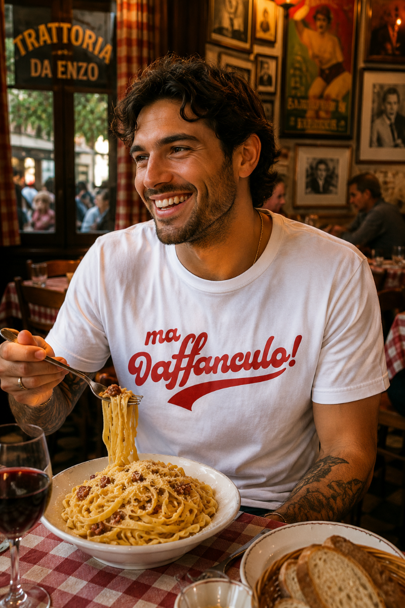 Man wearing the white Ma Vaffanculo graphic t-shirt in a cozy Italian restaurant.