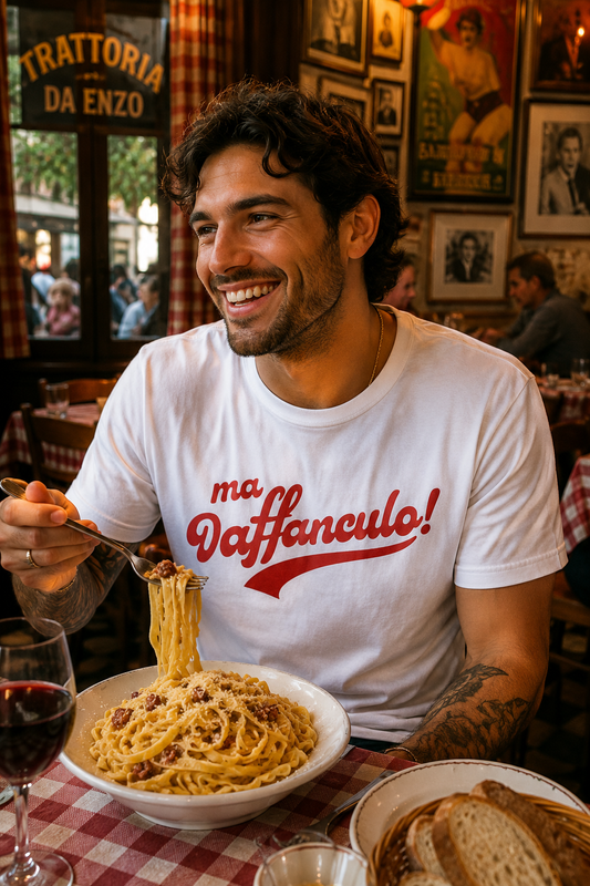 Man wearing the white Ma Vaffanculo graphic t-shirt in a cozy Italian restaurant.